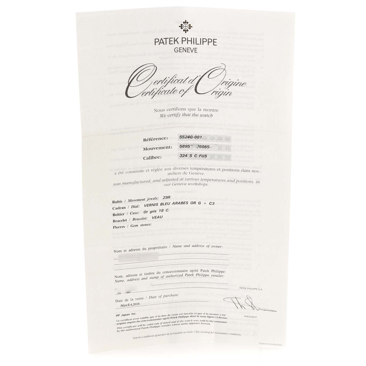 The image shows a Patek Philippe Certificate of Origin for the Calatrava model, displaying details about the watch's specifications.
