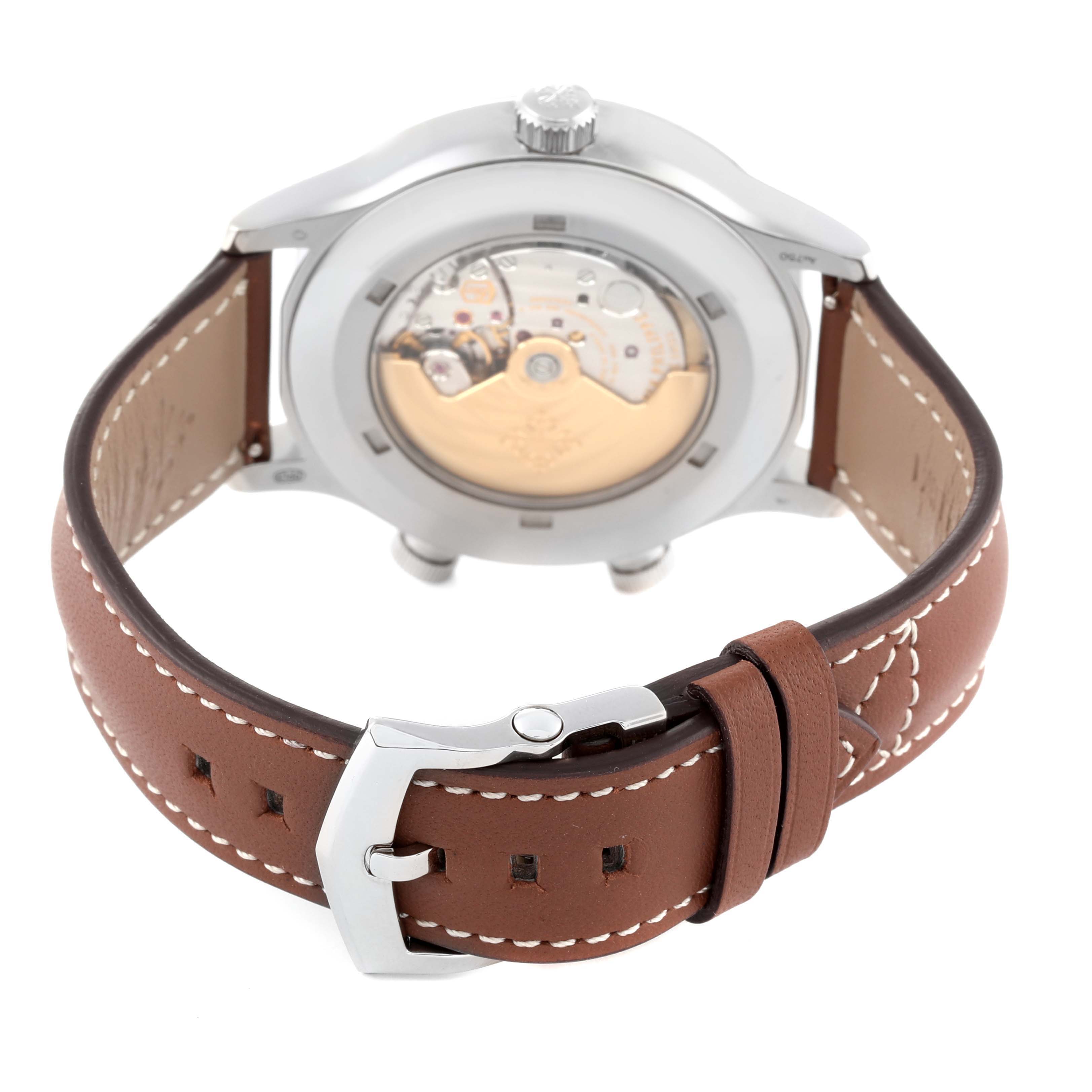 The image shows a rear view of the Patek Philippe Calatrava 5524G Men's White Gold Black Dial 5524G Men's White Gold Black Dial watch, highlighting its movement and leather strap with a buckle.