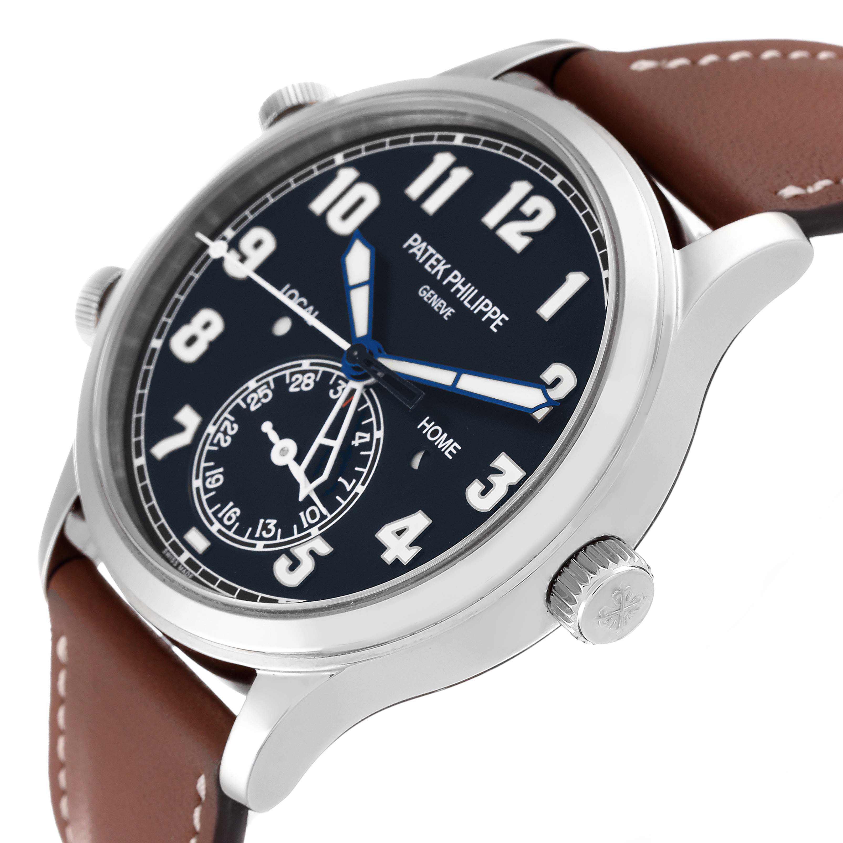 This is a side angle view of a Patek Philippe Calatrava 5524G Men's White Gold Black Dial 5524G Men's White Gold Black Dial watch, highlighting its blue dial, numeric indices, and brown leather strap.