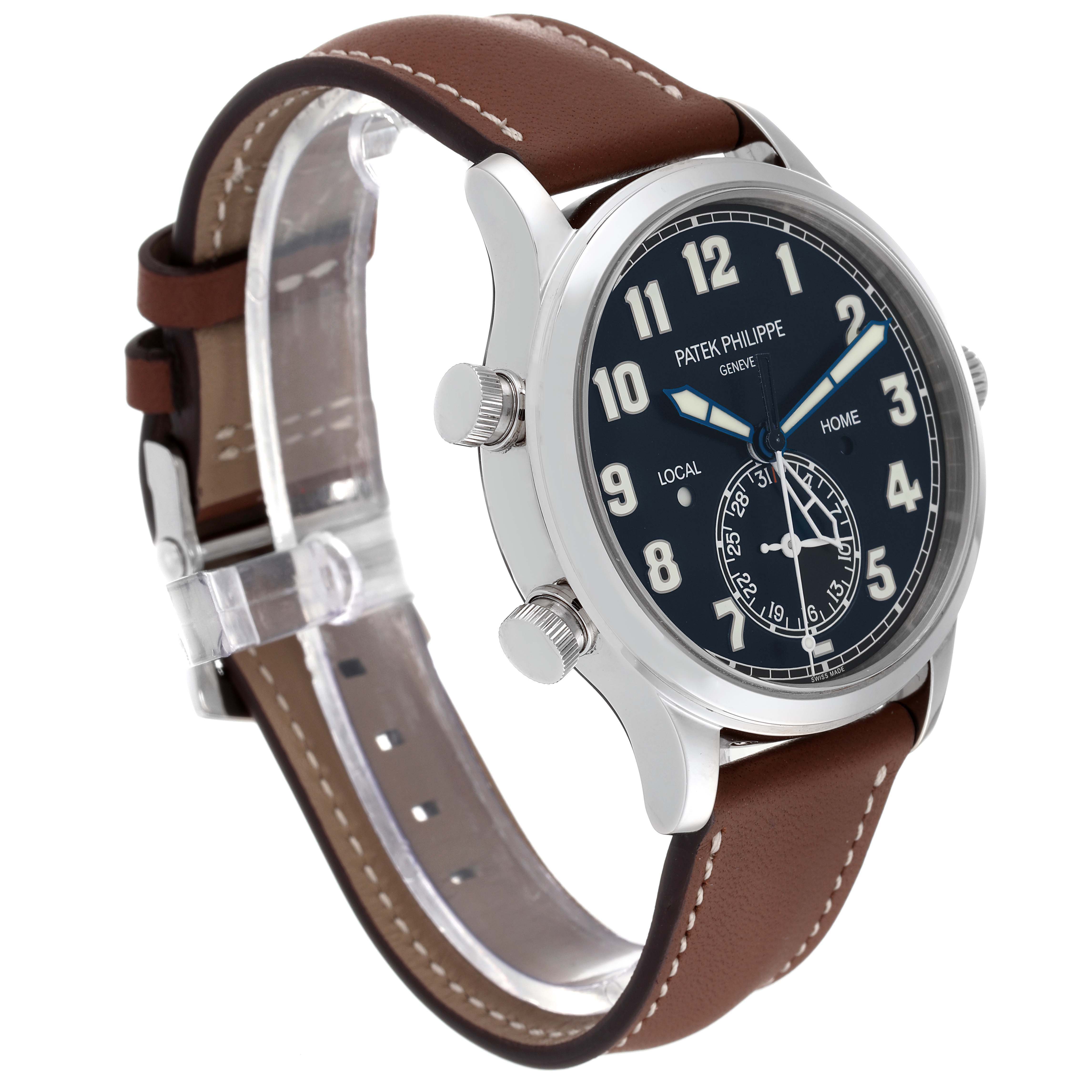 The image shows a Patek Philippe Calatrava 5524G Men's White Gold Black Dial 5524G Men's White Gold Black Dial model watch at a three-quarter angle, highlighting its face, side buttons, and brown leather strap.