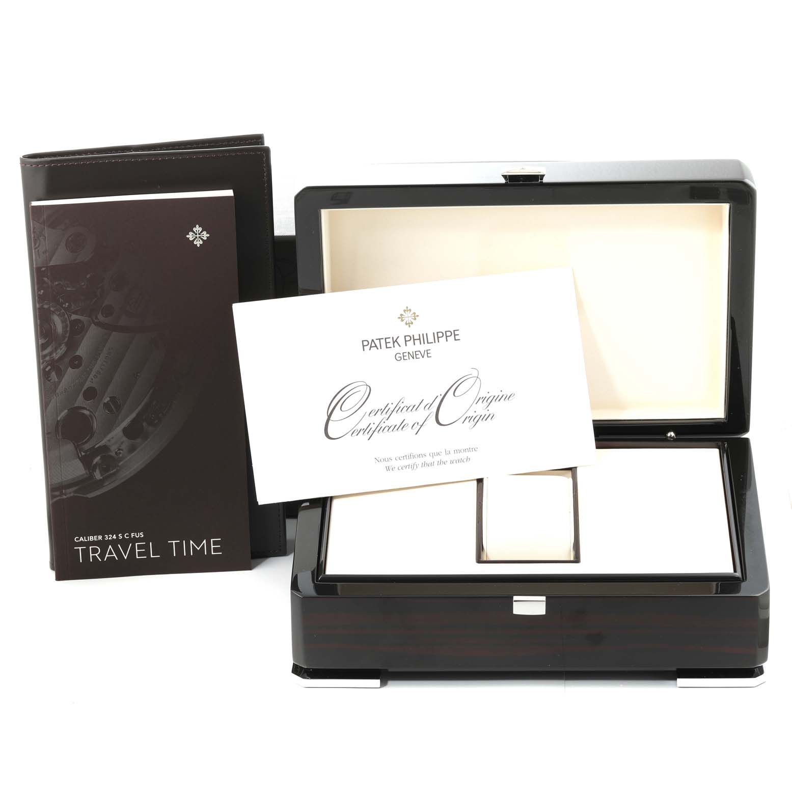 The image shows a Patek Philippe Calatrava 5524G Men's White Gold Black Dial 5524G Men's White Gold Black Dial model's presentation box, certification papers, and an instruction booklet.