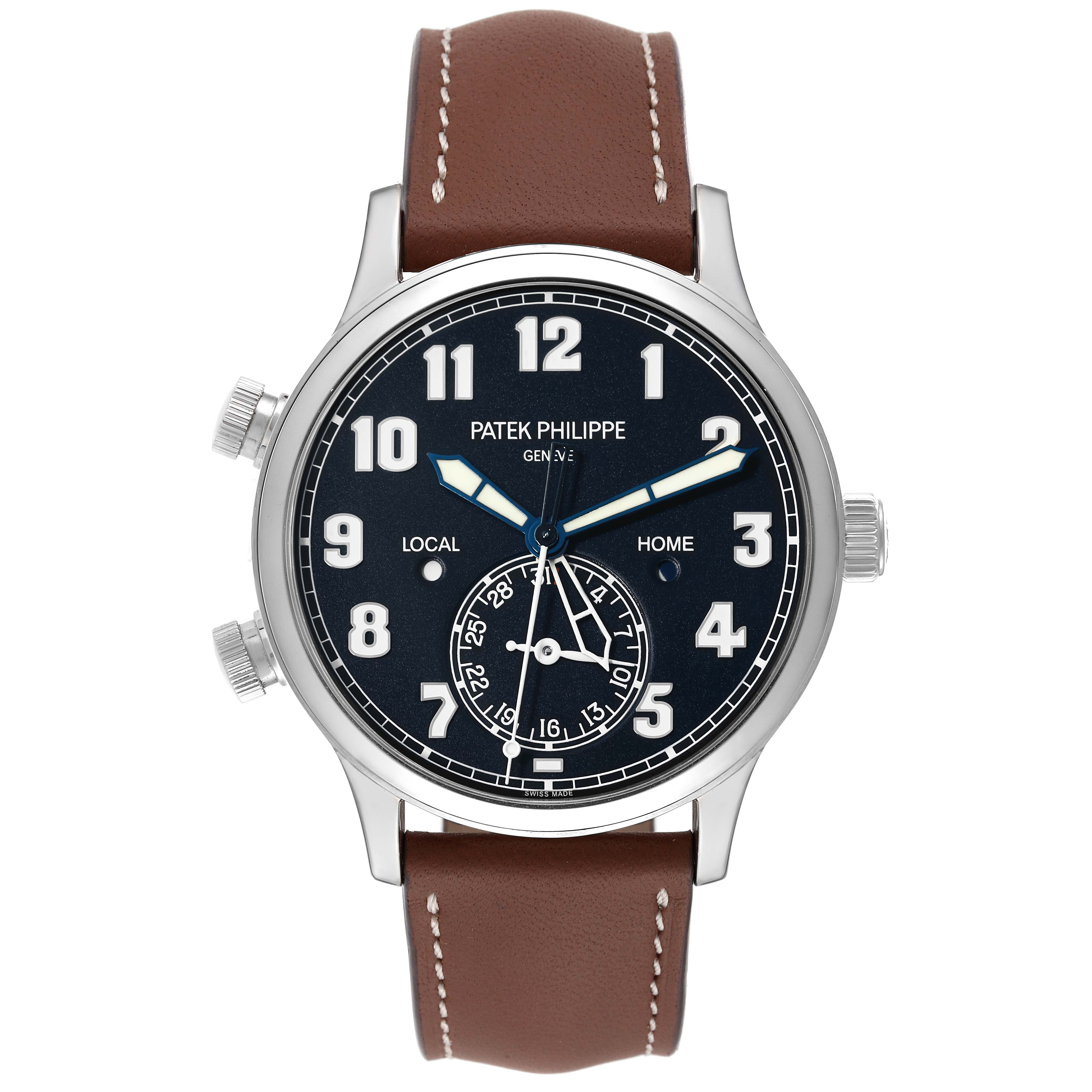 This image shows a front view of a Patek Philippe Calatrava 5524G Men's White Gold Black Dial 5524G Men's White Gold Black Dial watch with a brown leather strap and a dark blue dial.