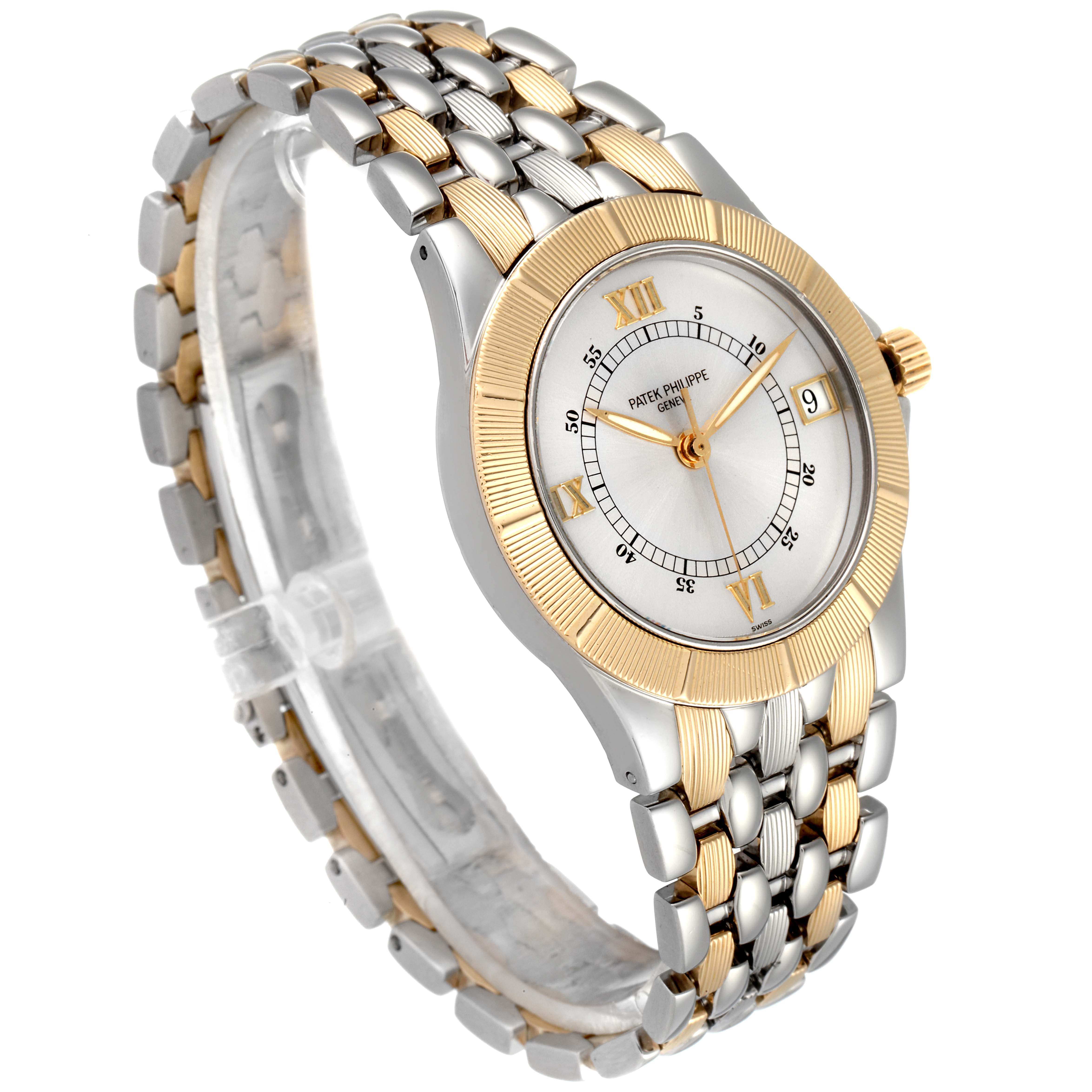 The image shows a Patek Philippe Neptune 5080/IJA Men
s Steel and Gold (two tone) Silver Dial 5080/IJA Men
s Steel and Gold (two tone) Silver Dial model watch angled to display its two-tone band, face, and bezel.