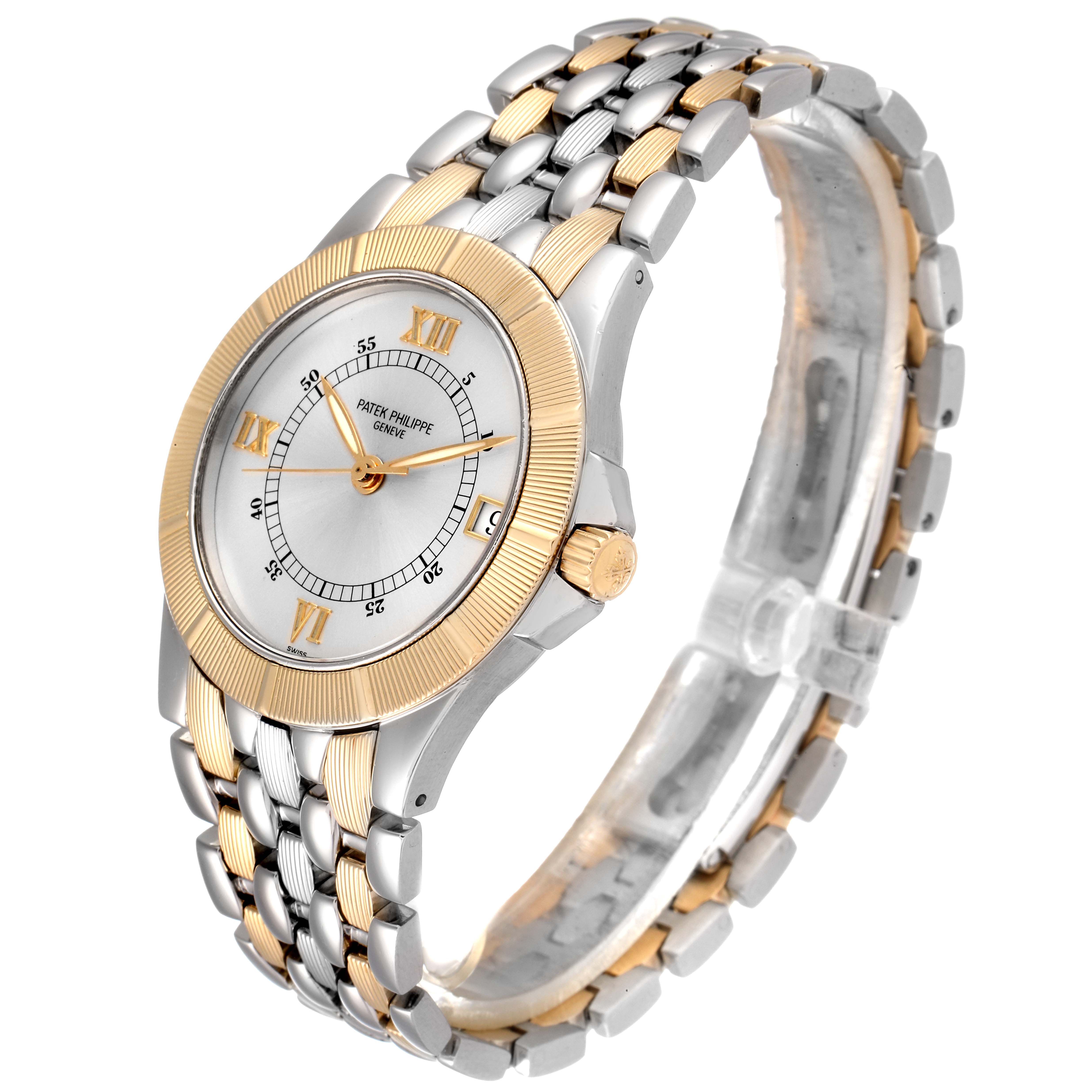 The image shows a side angle of the Patek Philippe Neptune 5080/IJA Men
s Steel and Gold (two tone) Silver Dial 5080/IJA Men
s Steel and Gold (two tone) Silver Dial model watch, highlighting its two-tone watch band and dial.