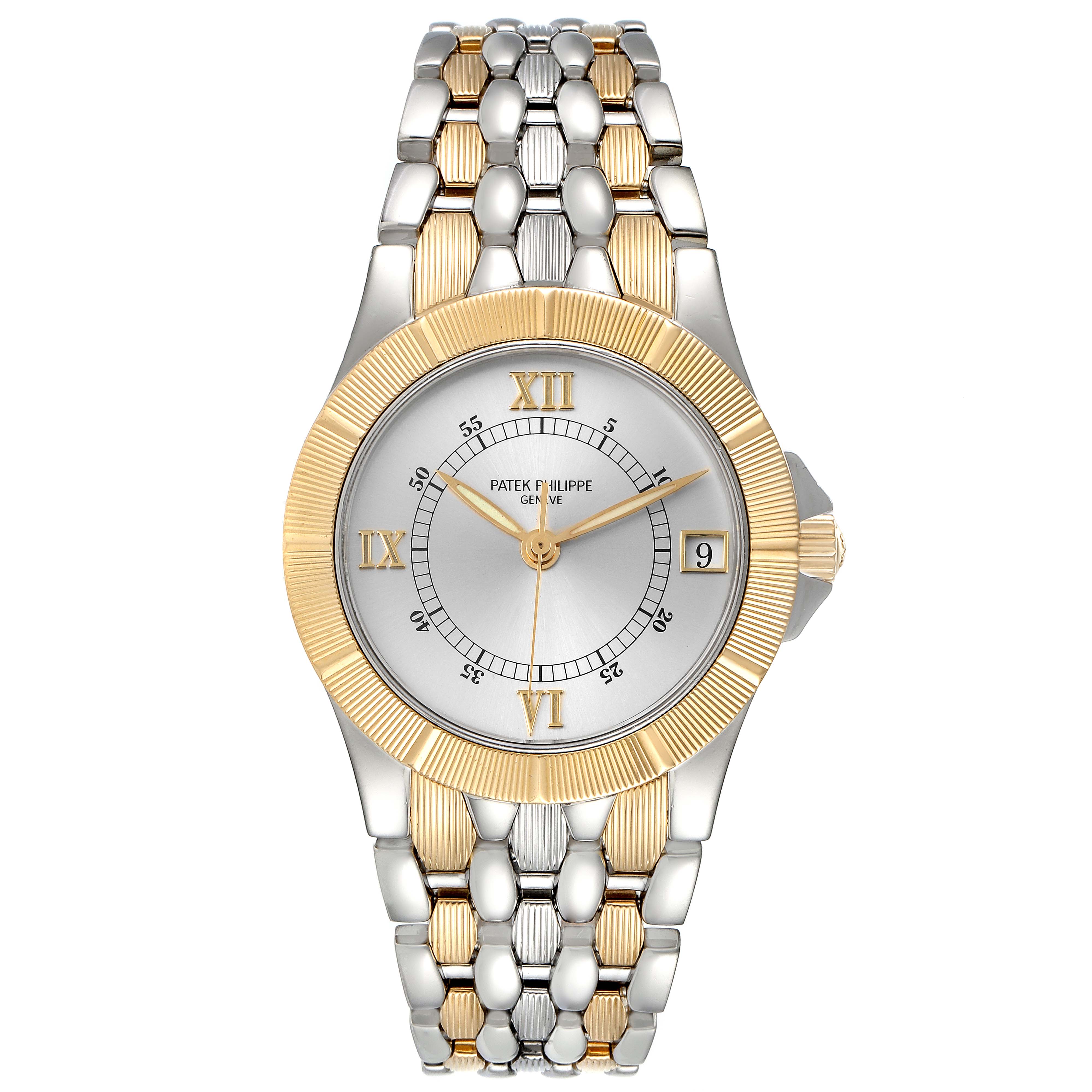 The image shows a front view of the Patek Philippe Neptune 5080/IJA Men
s Steel and Gold (two tone) Silver Dial 5080/IJA Men
s Steel and Gold (two tone) Silver Dial model watch, displaying the dial, bezel, and bracelet.