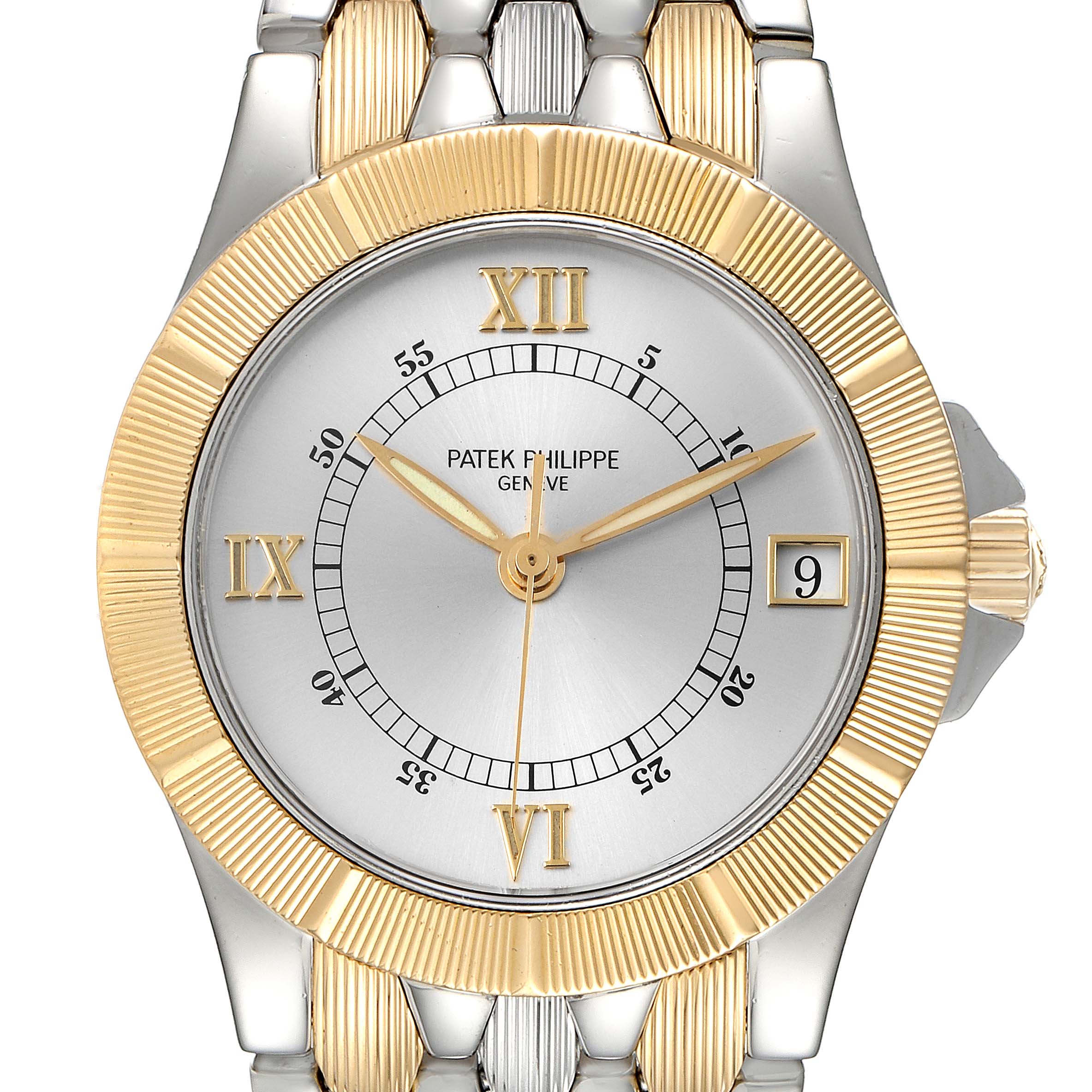 This Patek Philippe Neptune 5080/IJA Men
s Steel and Gold (two tone) Silver Dial 5080/IJA Men
s Steel and Gold (two tone) Silver Dial watch is shown from a front angle, highlighting the dial, bezel, and part of the bracelet.