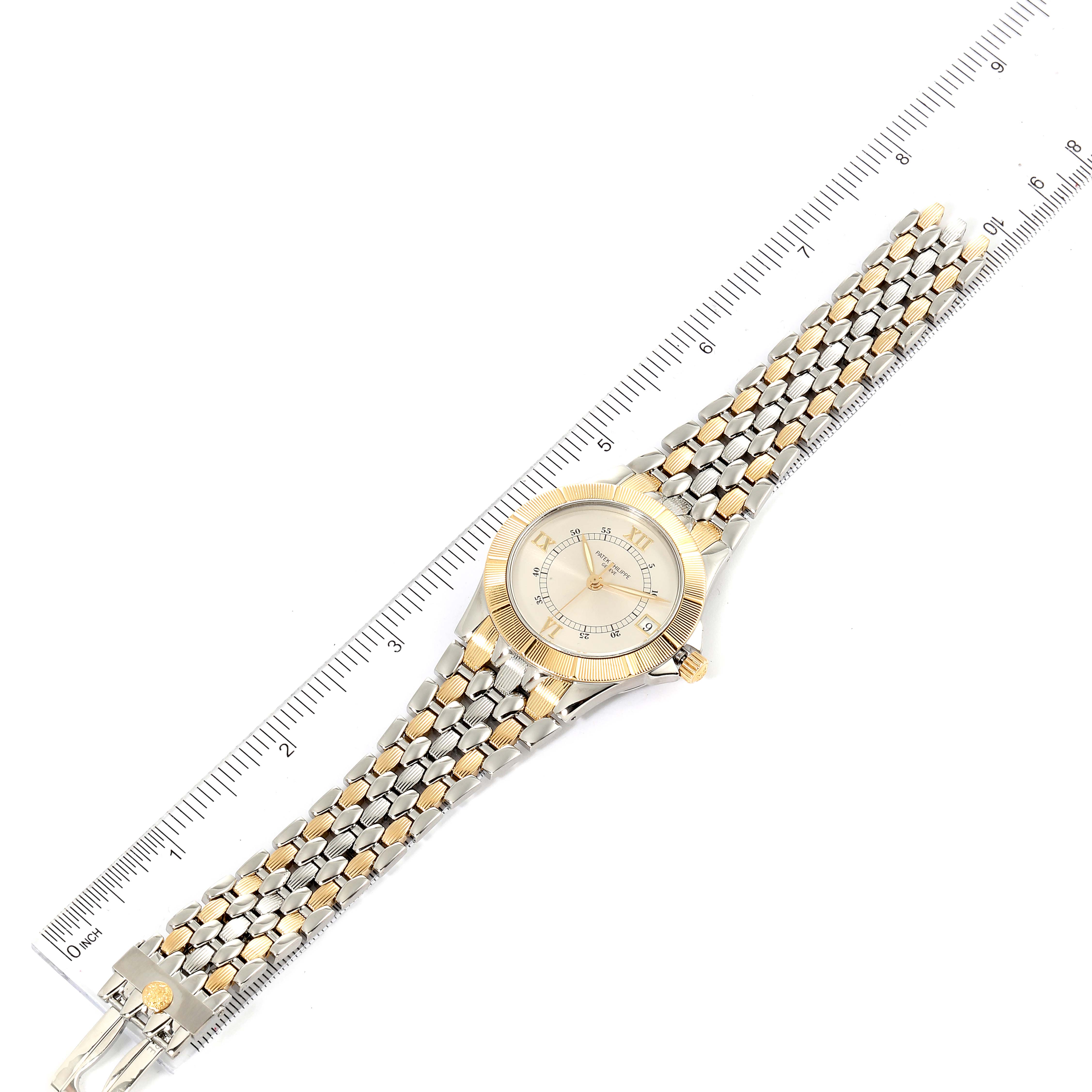 The Patek Philippe Neptune 5080/IJA Men
s Steel and Gold (two tone) Silver Dial 5080/IJA Men
s Steel and Gold (two tone) Silver Dial model watch is shown from a top-down angle, including its face, bezel, and full bracelet.