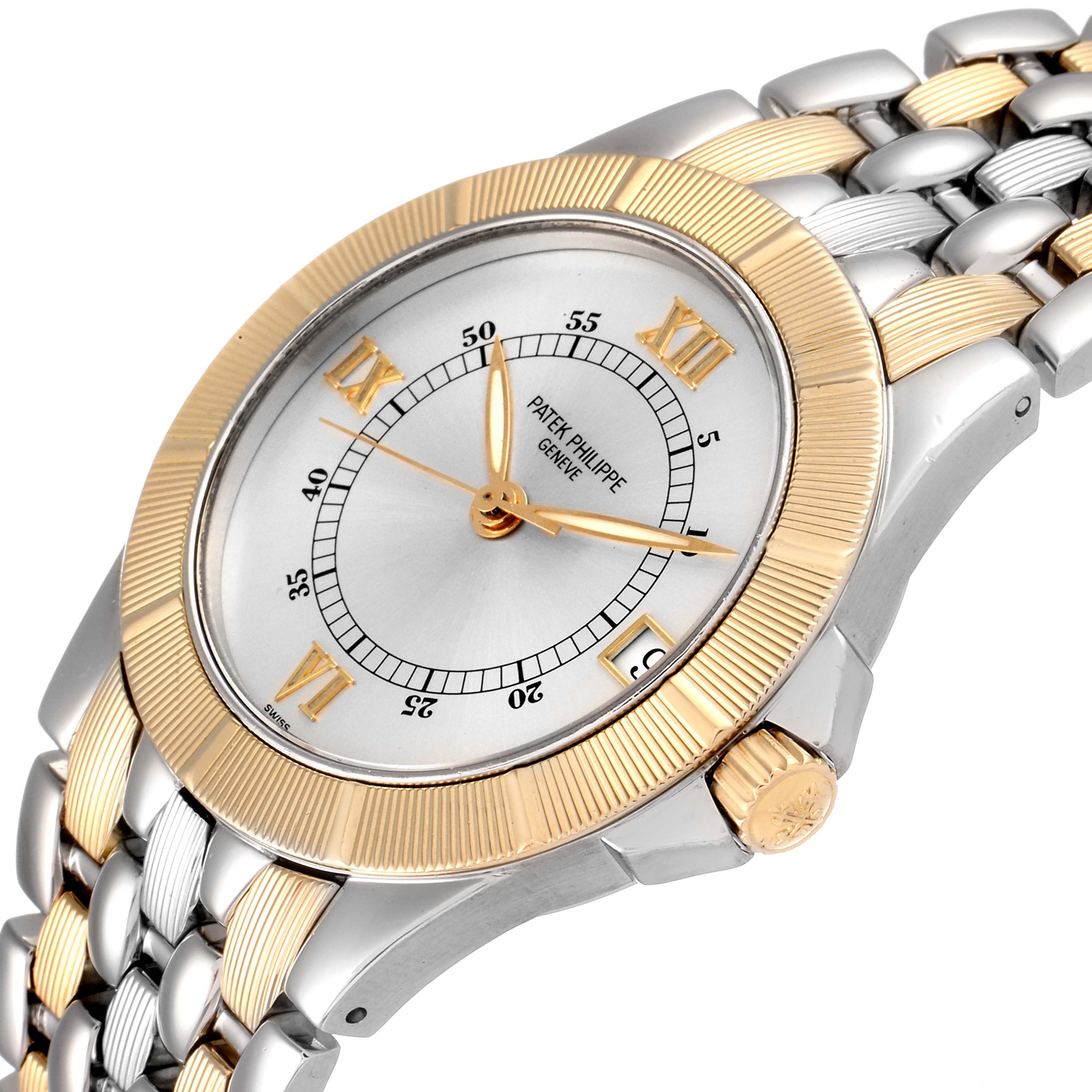 The Patek Philippe Neptune 5080/IJA Men
s Steel and Gold (two tone) Silver Dial 5080/IJA Men
s Steel and Gold (two tone) Silver Dial watch is shown at a three-quarter angle, displaying the face, bezel, crown, and part of the bracelet.