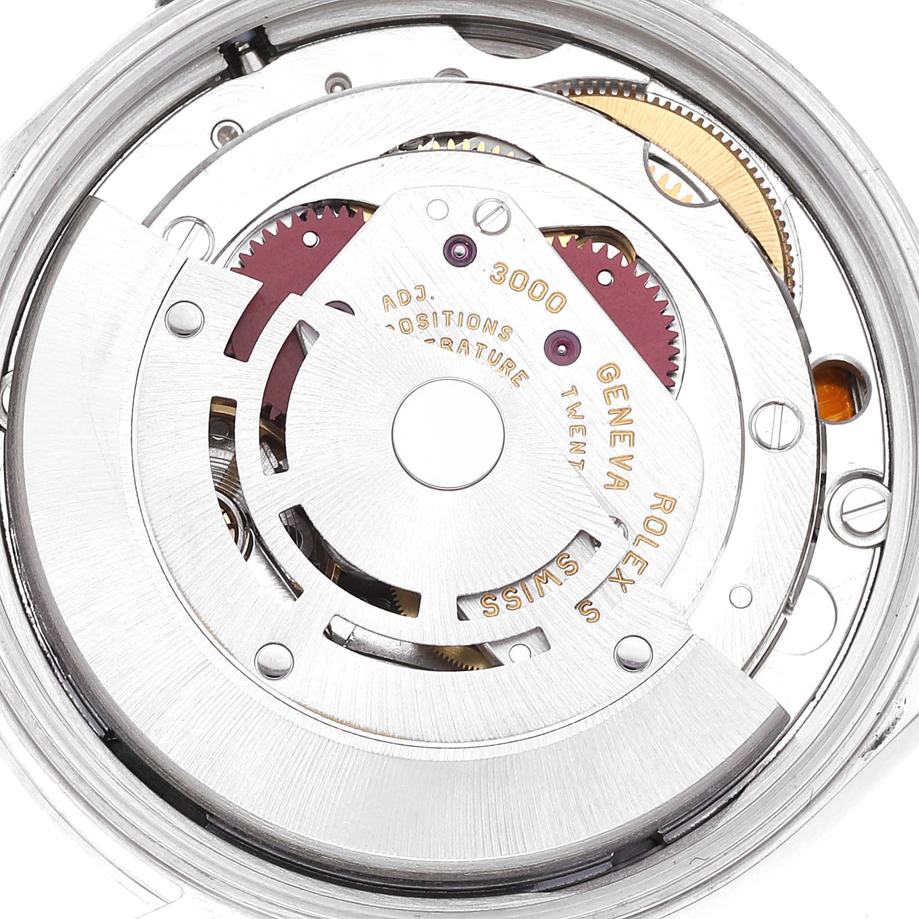 This image shows a close-up view of the movement mechanism inside a Rolex Air-King 14000 Men's Stainless Steel Blue Dial 14000 Men's Stainless Steel Blue Dial watch model 3000.