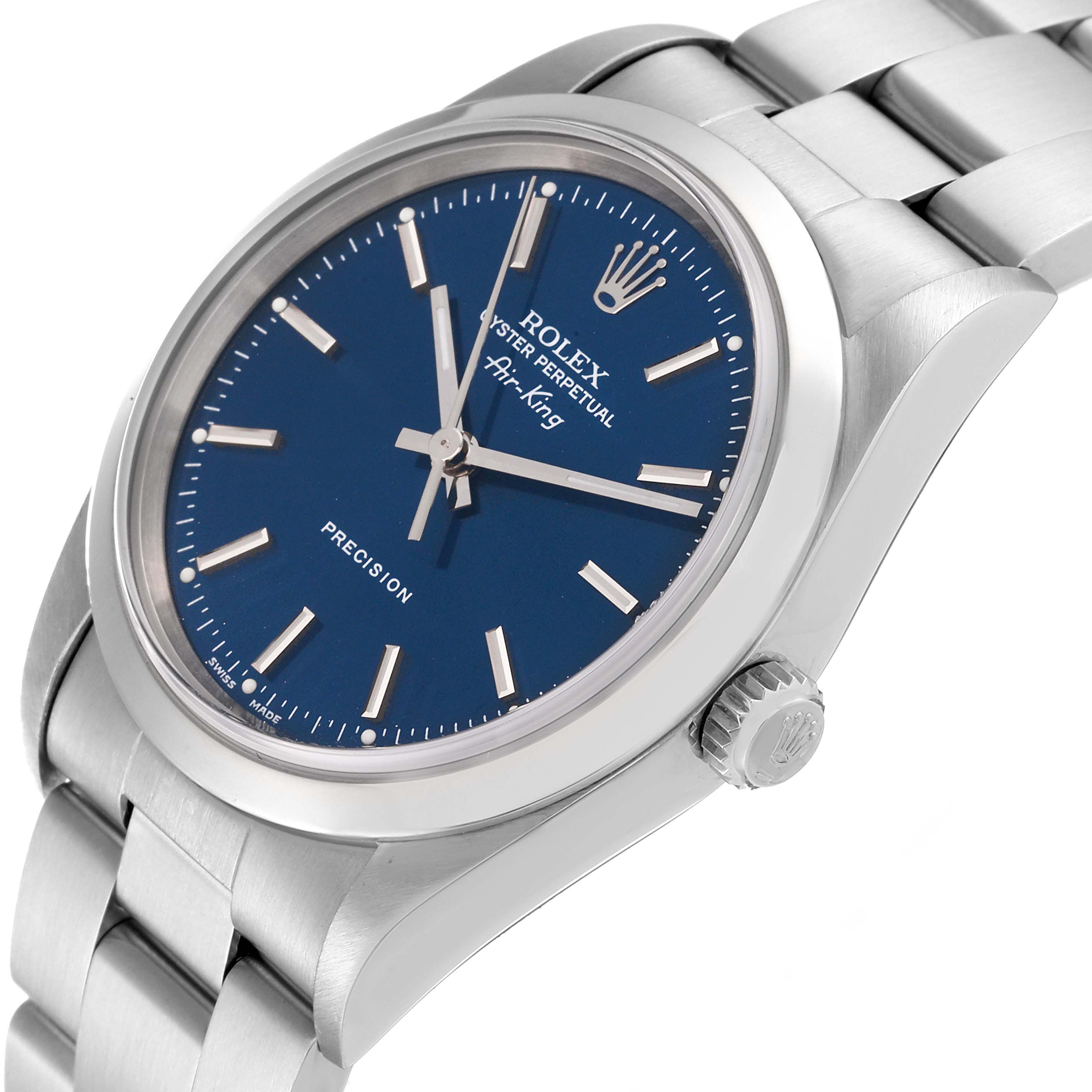 The image shows a close-up angle of the Rolex Air-King 14000 Men's Stainless Steel Blue Dial 14000 Men's Stainless Steel Blue Dial watch, highlighting the blue dial, crown, case, and part of the metal bracelet.