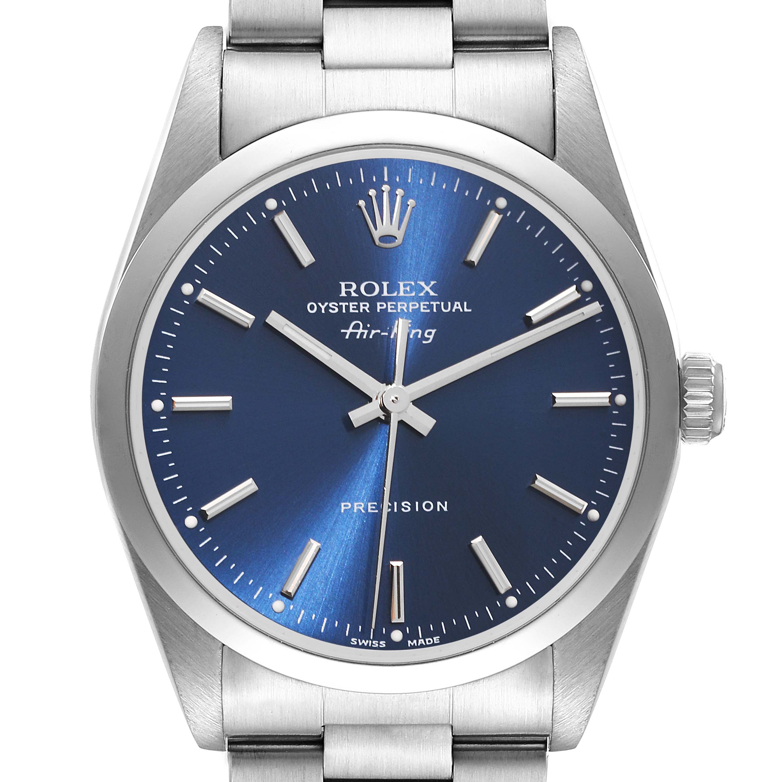 The image shows a front view of the Rolex Air-King 14000 Men's Stainless Steel Blue Dial 14000 Men's Stainless Steel Blue Dial watch, highlighting its blue dial, silver hands, and metal bracelet.