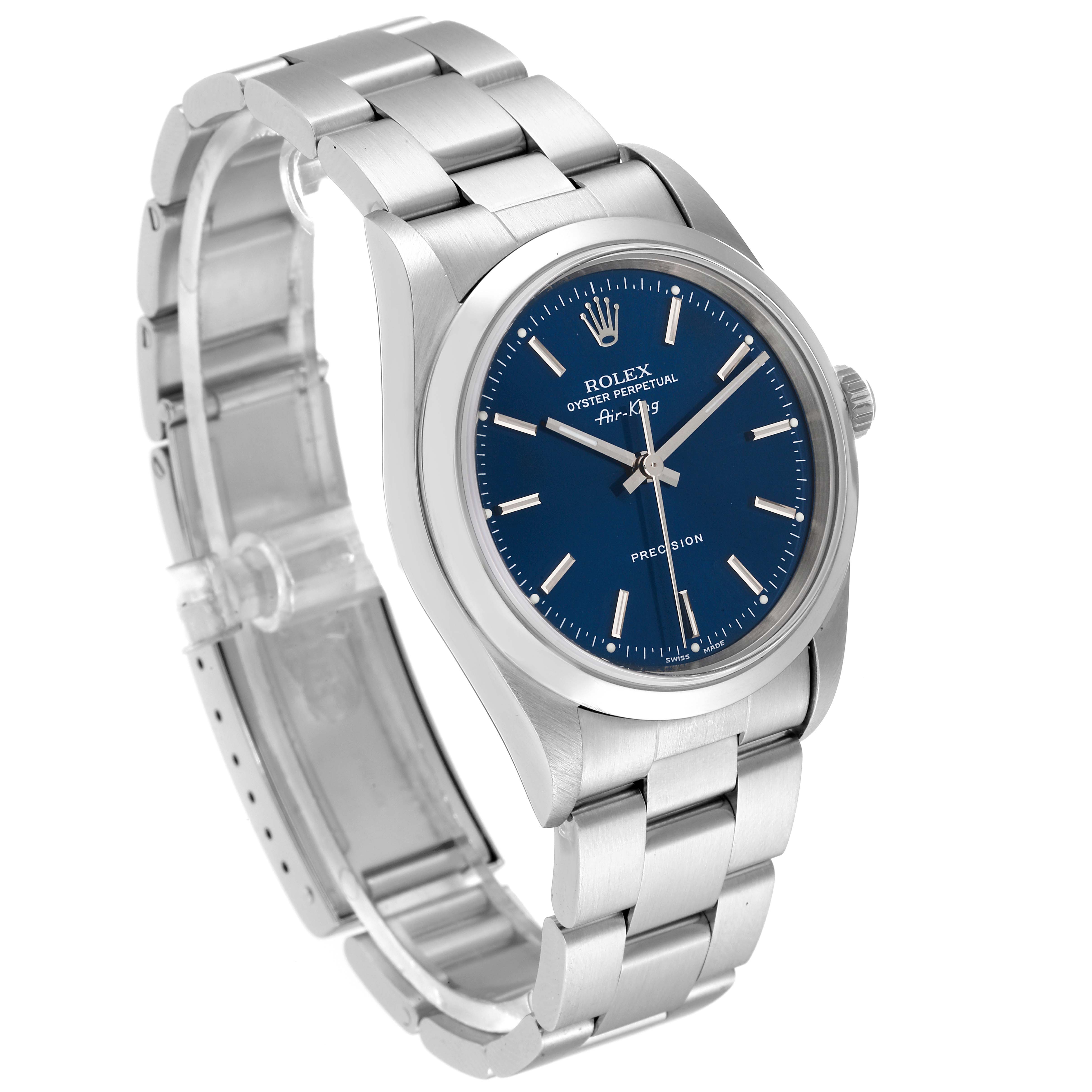 The Rolex Air-King 14000 Men's Stainless Steel Blue Dial 14000 Men's Stainless Steel Blue Dial watch is shown at a three-quarter angle, displaying the dial, bracelet, and crown.