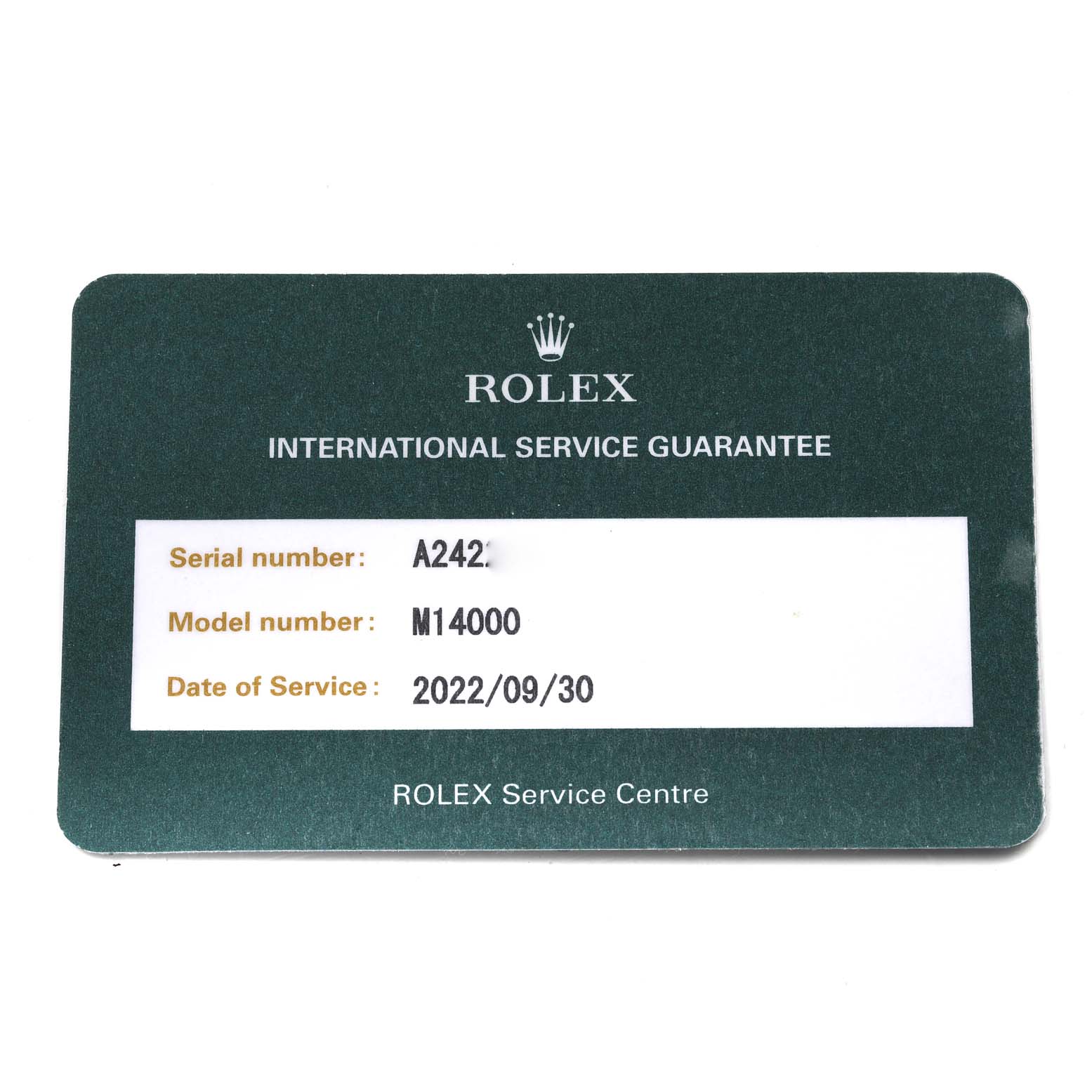 The image shows a Rolex International Service Guarantee card for the Air-King model (M14000), with details of the serial number and service date.