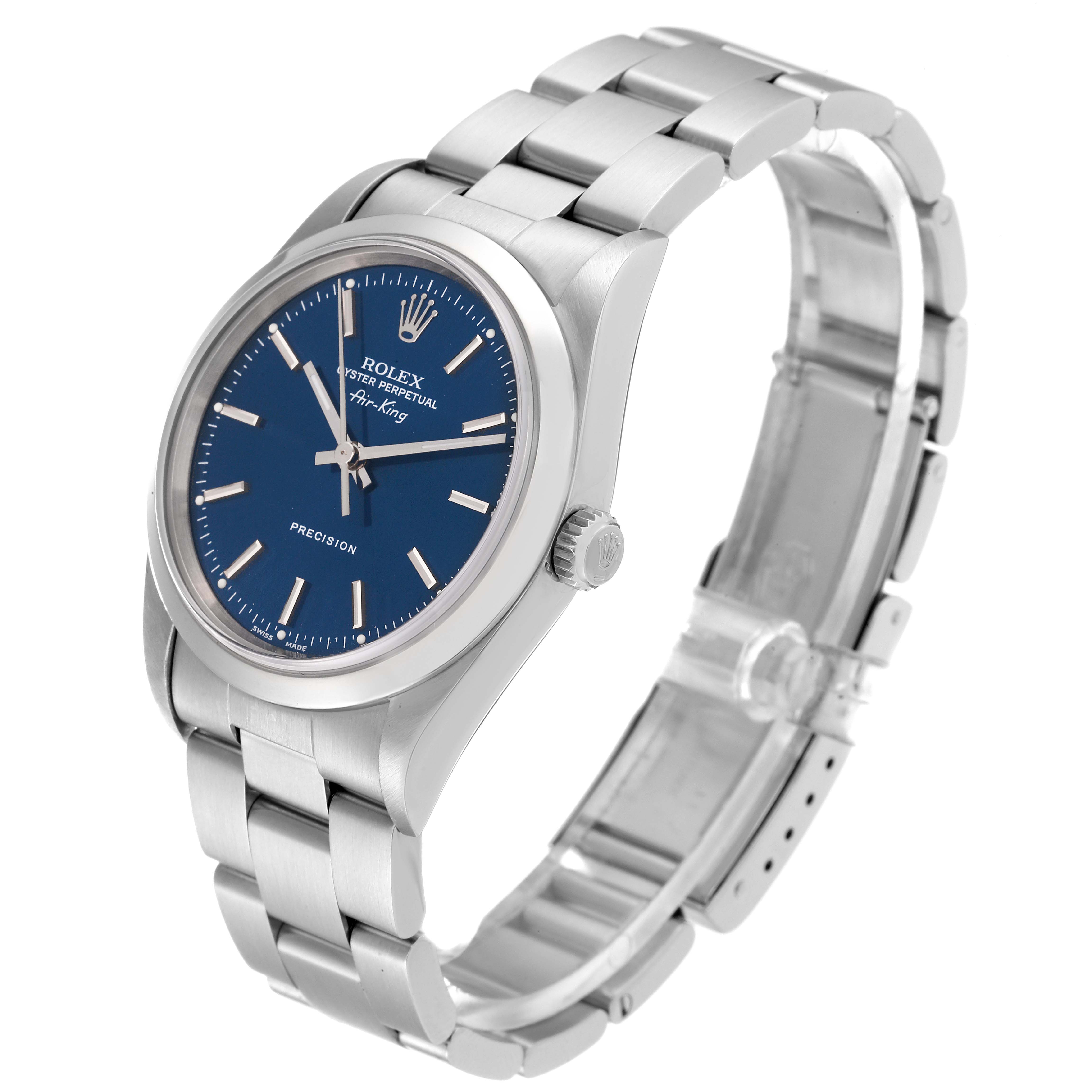 The Rolex Air-King 14000 Men's Stainless Steel Blue Dial 14000 Men's Stainless Steel Blue Dial watch is shown at a three-quarter angle, highlighting its blue dial and metallic bracelet.