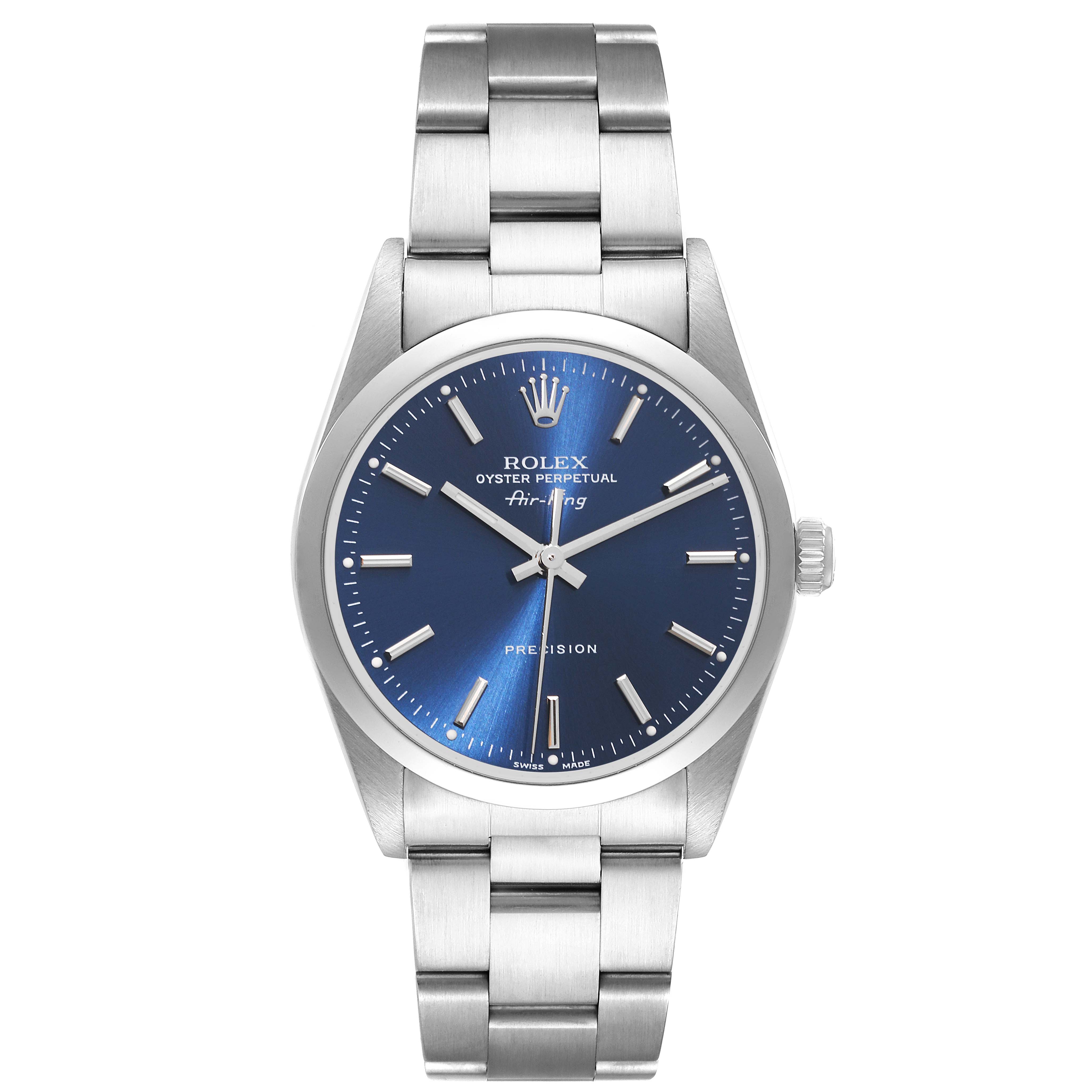 The image shows a front view of a Rolex Air-King 14000 Men's Stainless Steel Blue Dial 14000 Men's Stainless Steel Blue Dial watch, highlighting its blue dial, hour markers, hands, and bracelet.