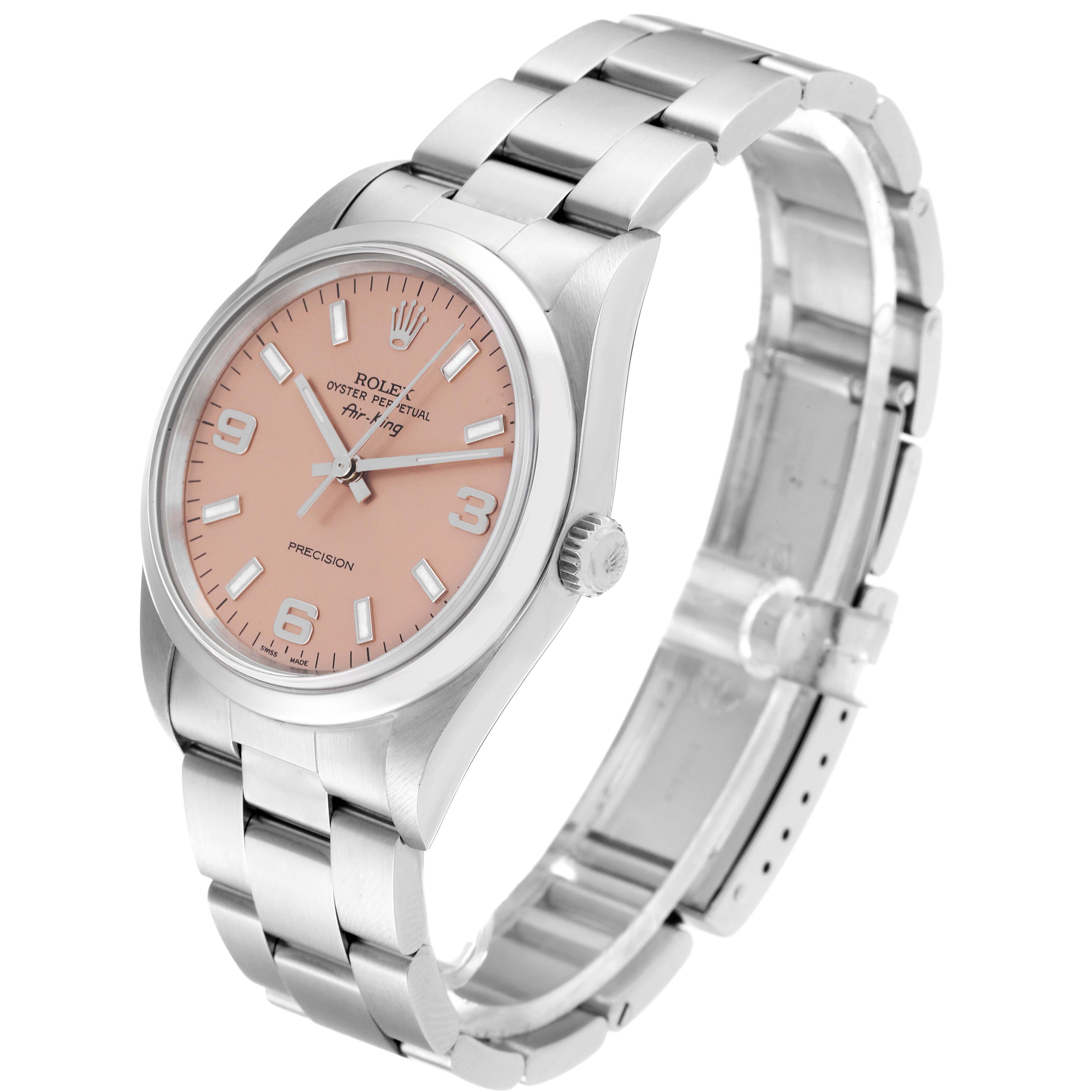 The image shows a Rolex Air-King 14000 Men's Stainless Steel Pink Dial 14000 Men's Stainless Steel Pink Dial watch at a three-quarter angle, highlighting the face, crown, and bracelet.