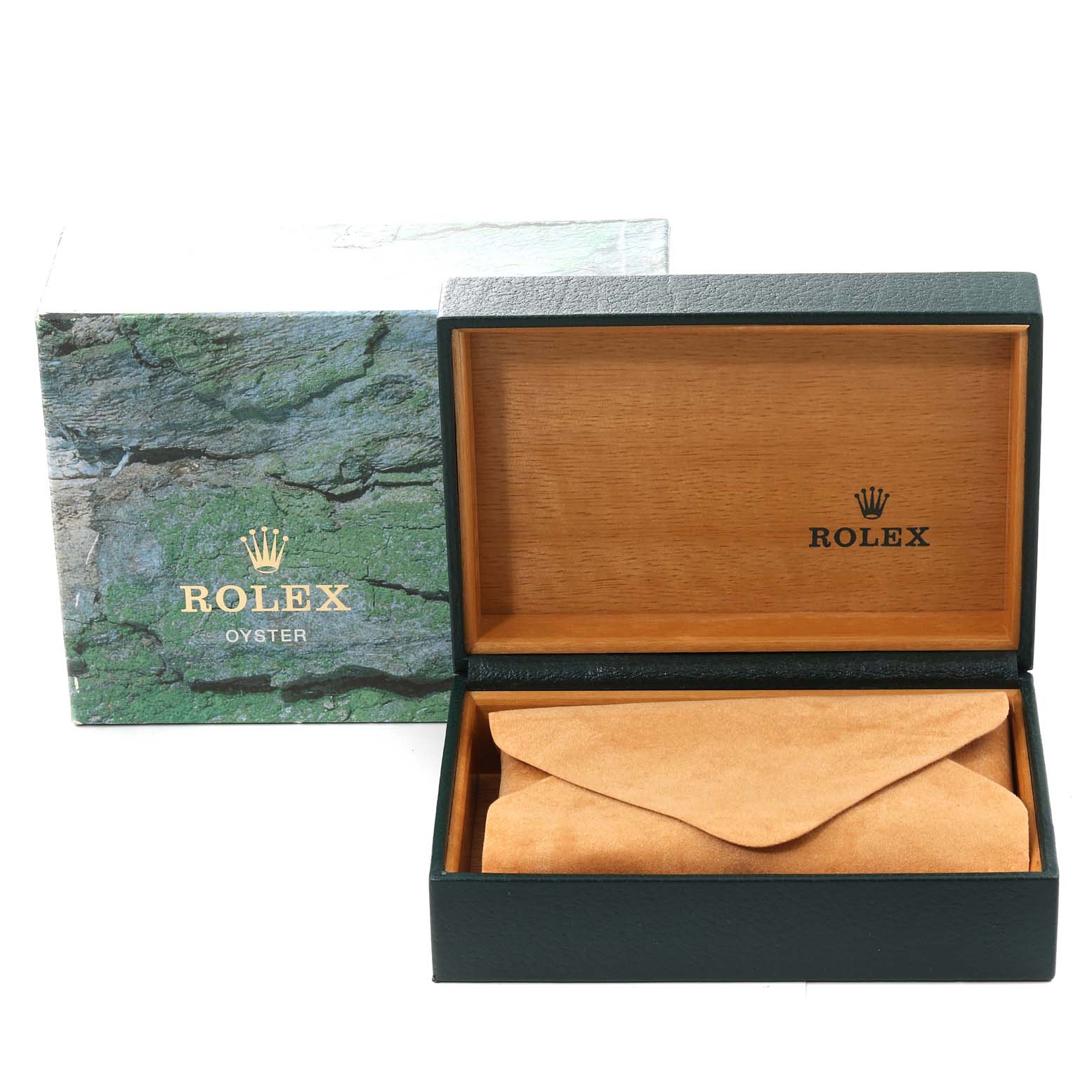 The image shows the packaging box and a suede watch pouch for the Rolex Air-King 14000 Men's Stainless Steel Pink Dial 14000 Men's Stainless Steel Pink Dial model.