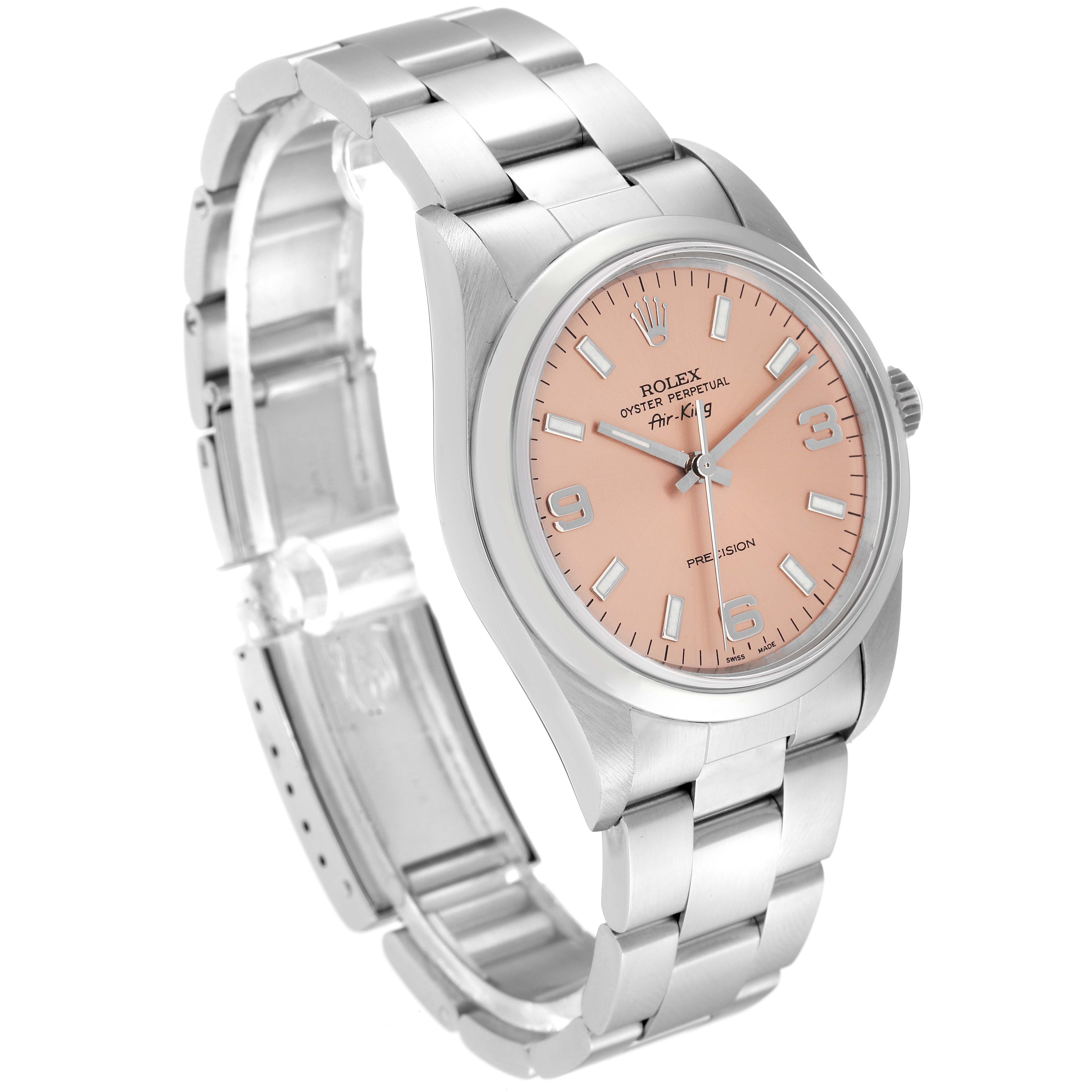 The Rolex Air-King 14000 Men's Stainless Steel Pink Dial 14000 Men's Stainless Steel Pink Dial watch is shown at an angled view, highlighting the face, bezel, and bracelet.