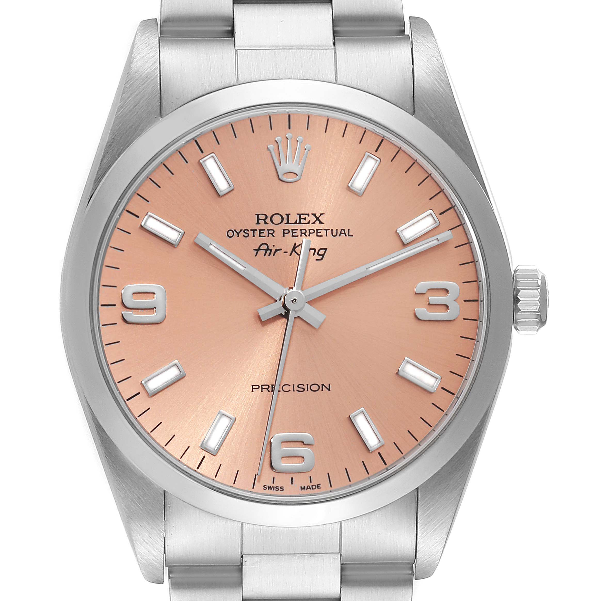 The image shows a frontal view of the Rolex Air-King 14000 Men's Stainless Steel Pink Dial 14000 Men's Stainless Steel Pink Dial watch displaying the dial, hands, markers, crown, and part of the bracelet.