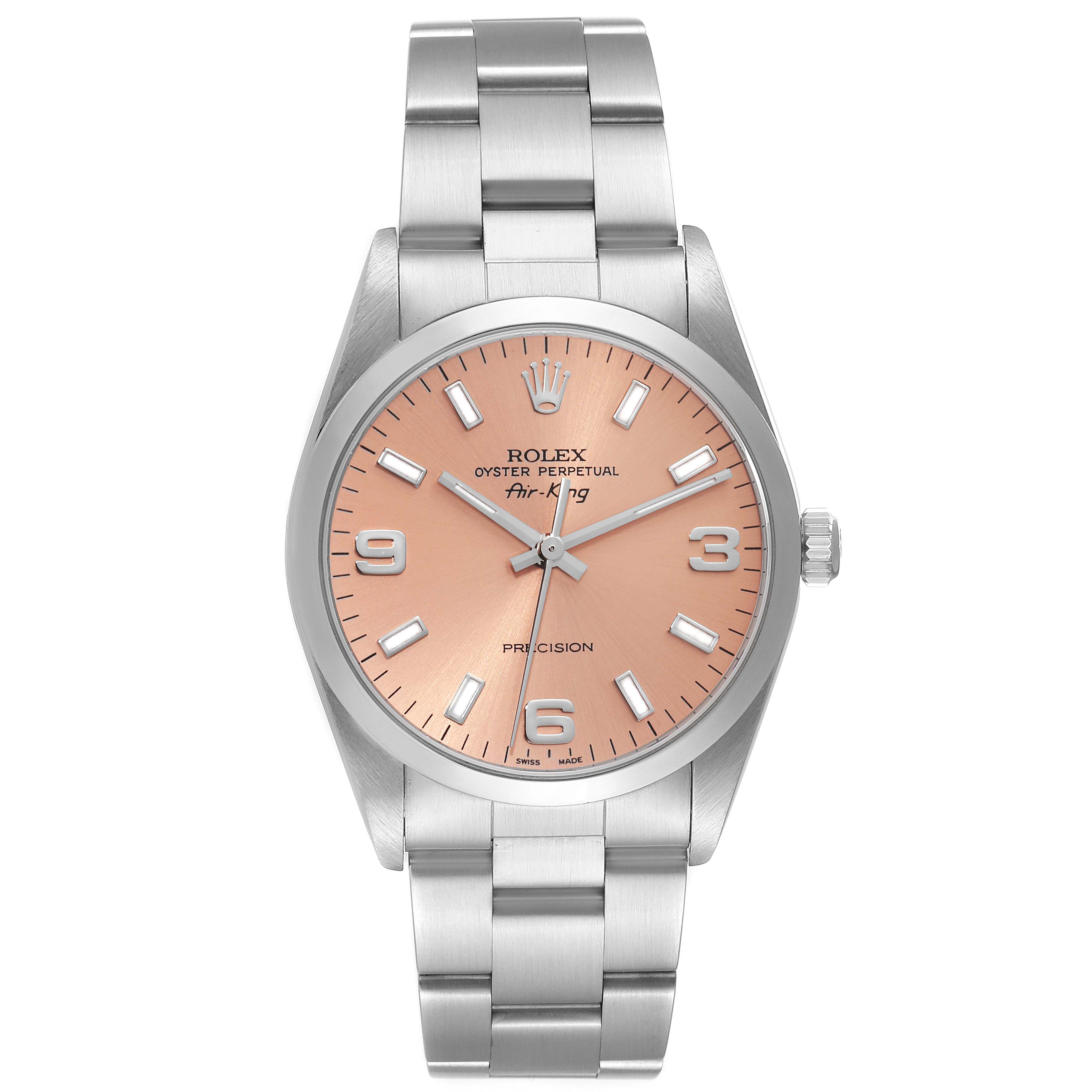 This image shows a front view of the Rolex Air-King 14000 Men's Stainless Steel Pink Dial 14000 Men's Stainless Steel Pink Dial watch, displaying its dial, case, and stainless steel bracelet.