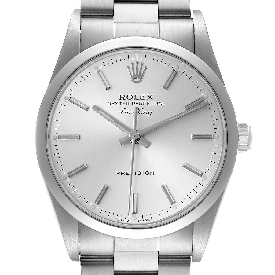 The Rolex Air-King watch is shown from the front, highlighting the dial, hands, indices, and crown.