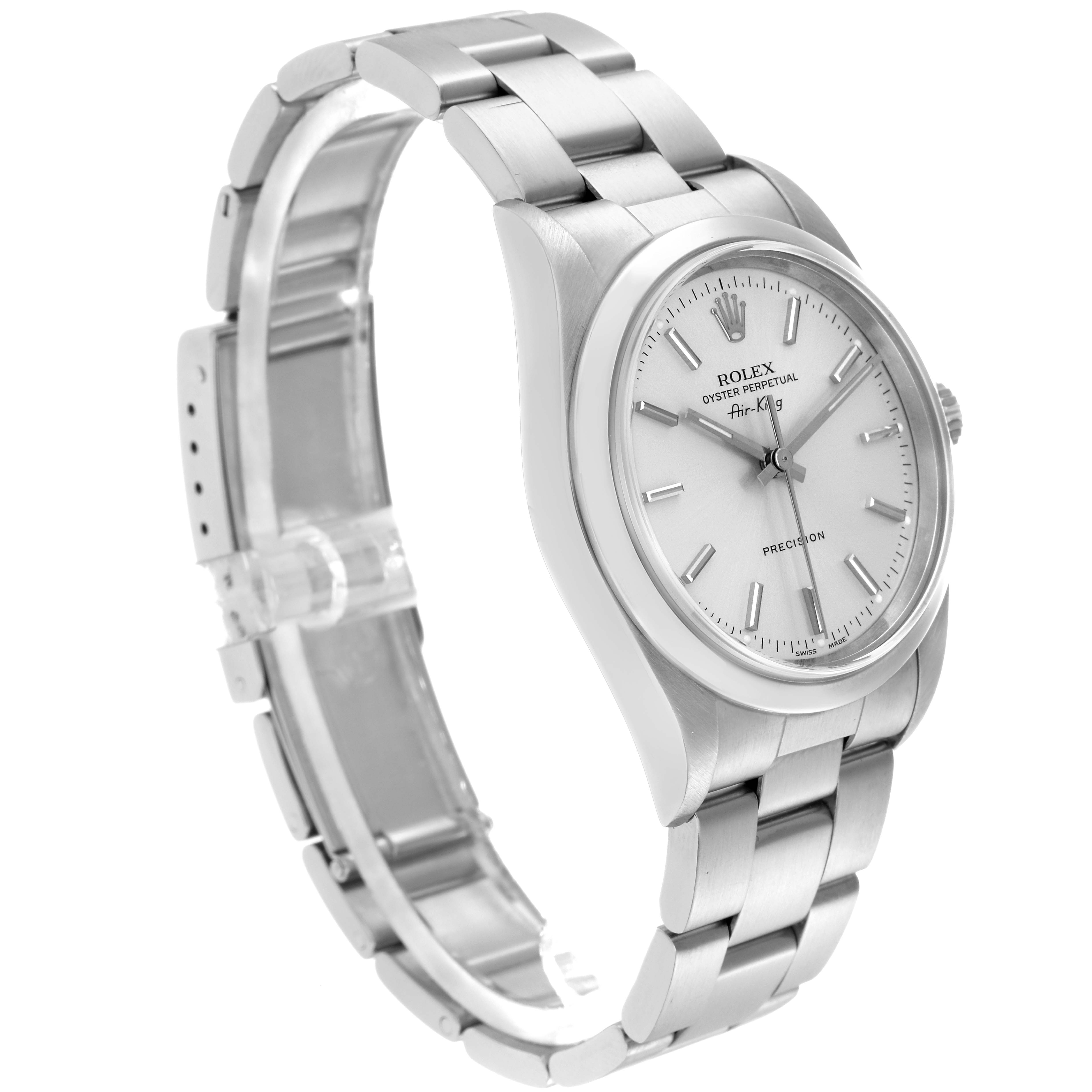 The Rolex Air-King 14000 Men's Stainless Steel Silver Dial 14000 Men's Stainless Steel Silver Dial watch is shown at a three-quarter angle, highlighting the dial, bezel, case, and bracelet.