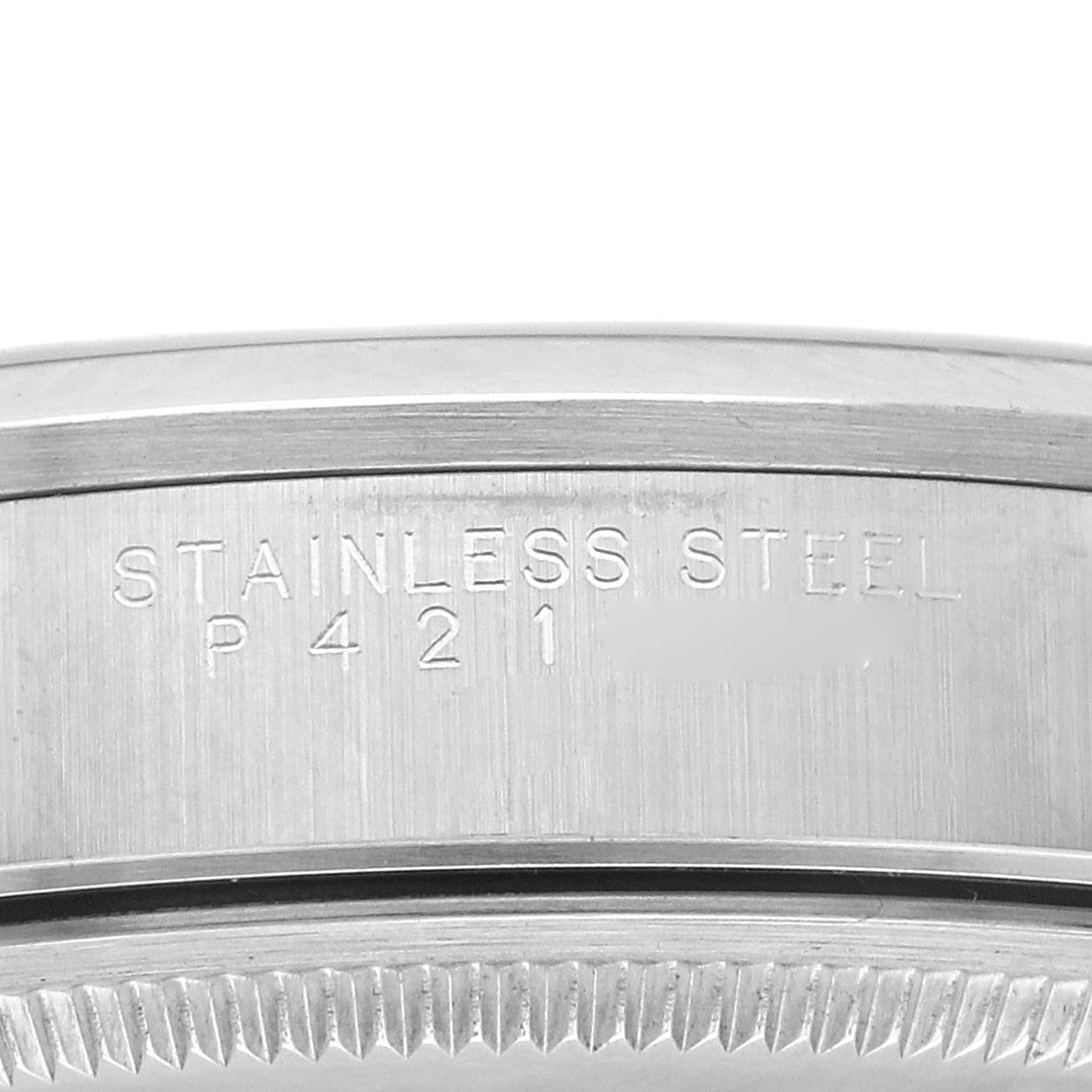 The image shows the side engraving of a Rolex Air-King 14000 Men's Stainless Steel Silver Dial 14000 Men's Stainless Steel Silver Dial watch in stainless steel.