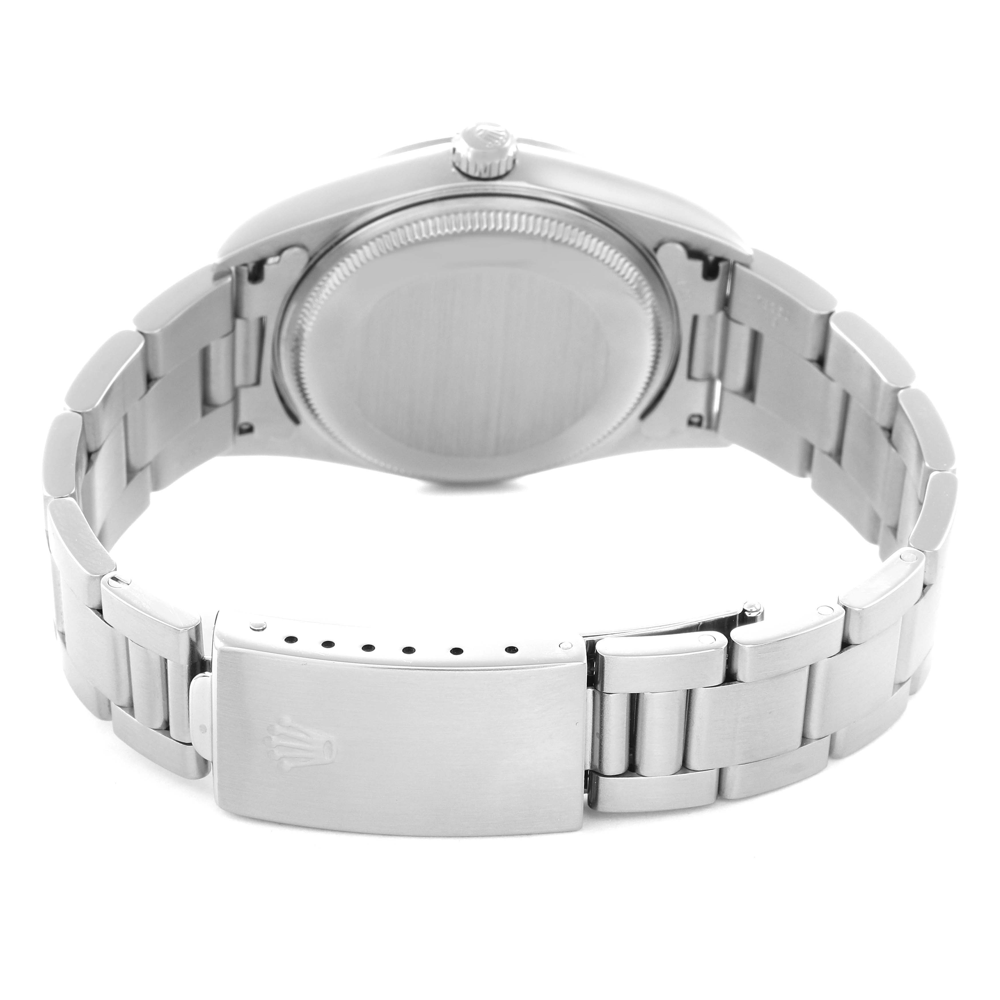 The image shows the back of a Rolex Air-King 14000 Men's Stainless Steel Silver Dial 14000 Men's Stainless Steel Silver Dial watch, focusing on the bracelet, clasp, and case back.