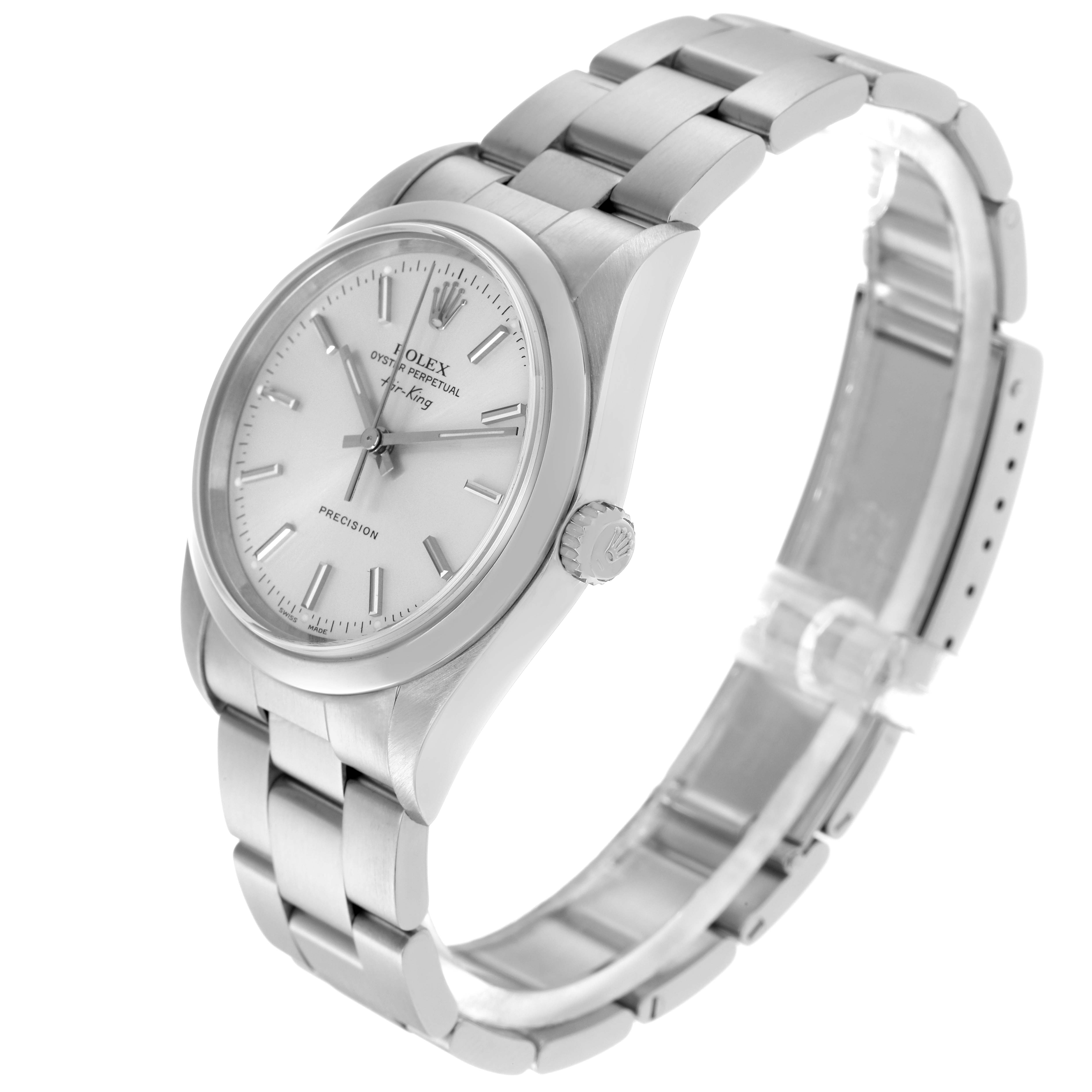 The Rolex Air-King 14000 Men's Stainless Steel Silver Dial 14000 Men's Stainless Steel Silver Dial watch is shown at a side angle displaying the face, crown, and part of the bracelet.