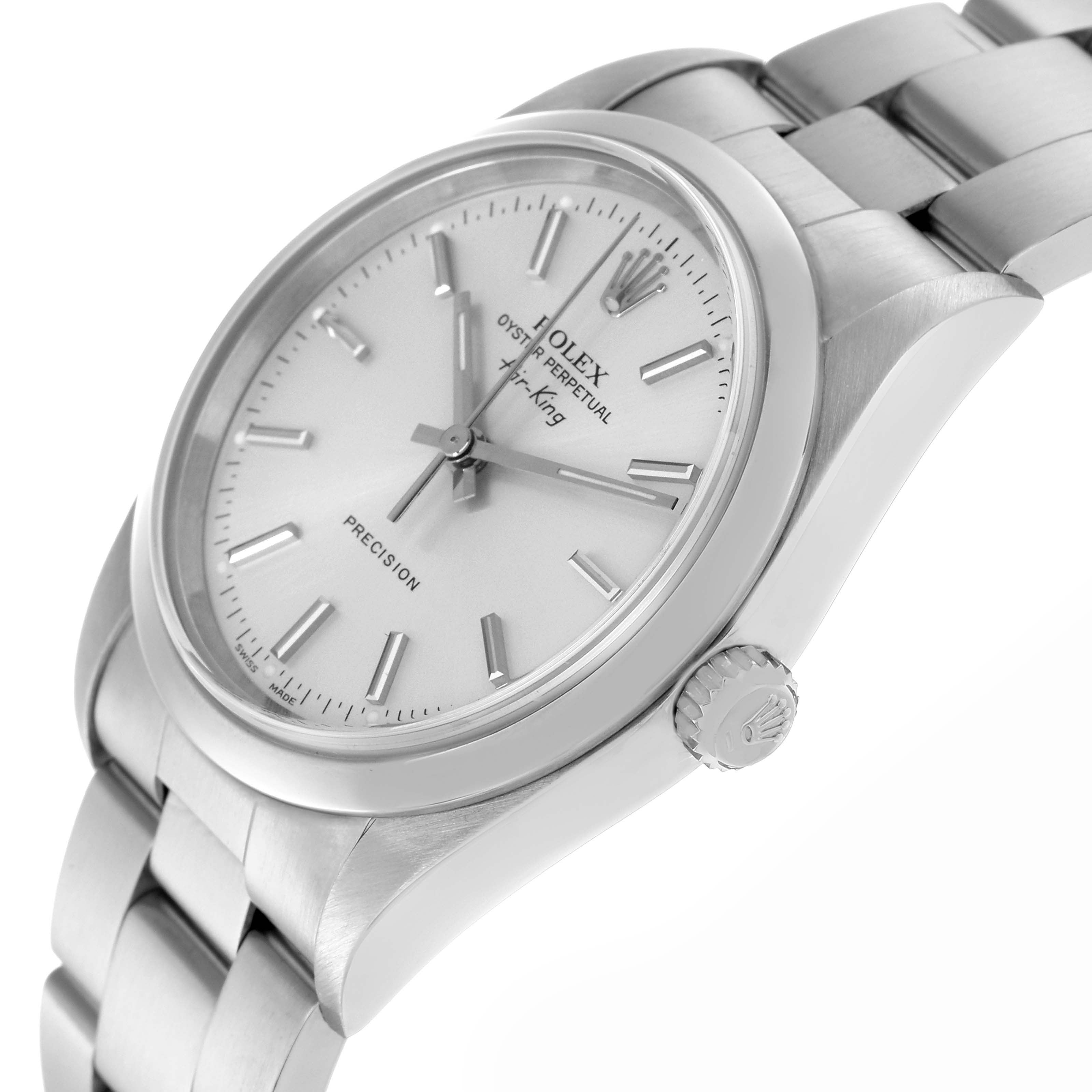 The Rolex Air-King 14000 Men's Stainless Steel Silver Dial 14000 Men's Stainless Steel Silver Dial watch is shown from an angled side view, displaying the dial, bezel, crown, and part of the stainless steel bracelet.