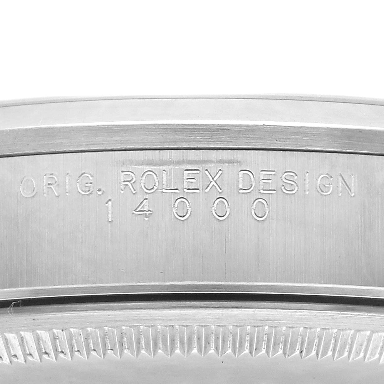 The image shows a close-up of the side of a Rolex Air-King 14000 Men's Stainless Steel Silver Dial 14000 Men's Stainless Steel Silver Dial watch case, featuring "ORIG. ROLEX DESIGN" and model number 14000.