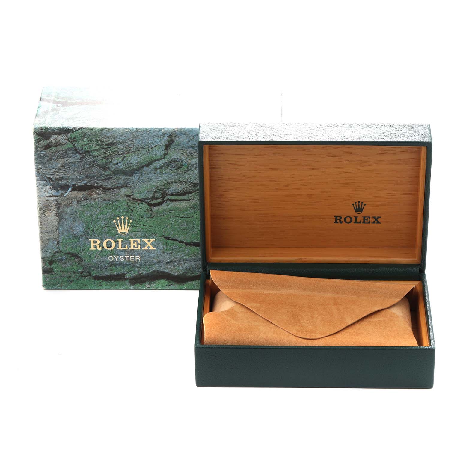 The image shows an open Rolex Air-King 14000 Men's Stainless Steel Silver Dial 14000 Men's Stainless Steel Silver Dial watch box and its cover from a front angle, displaying the interior and branding.