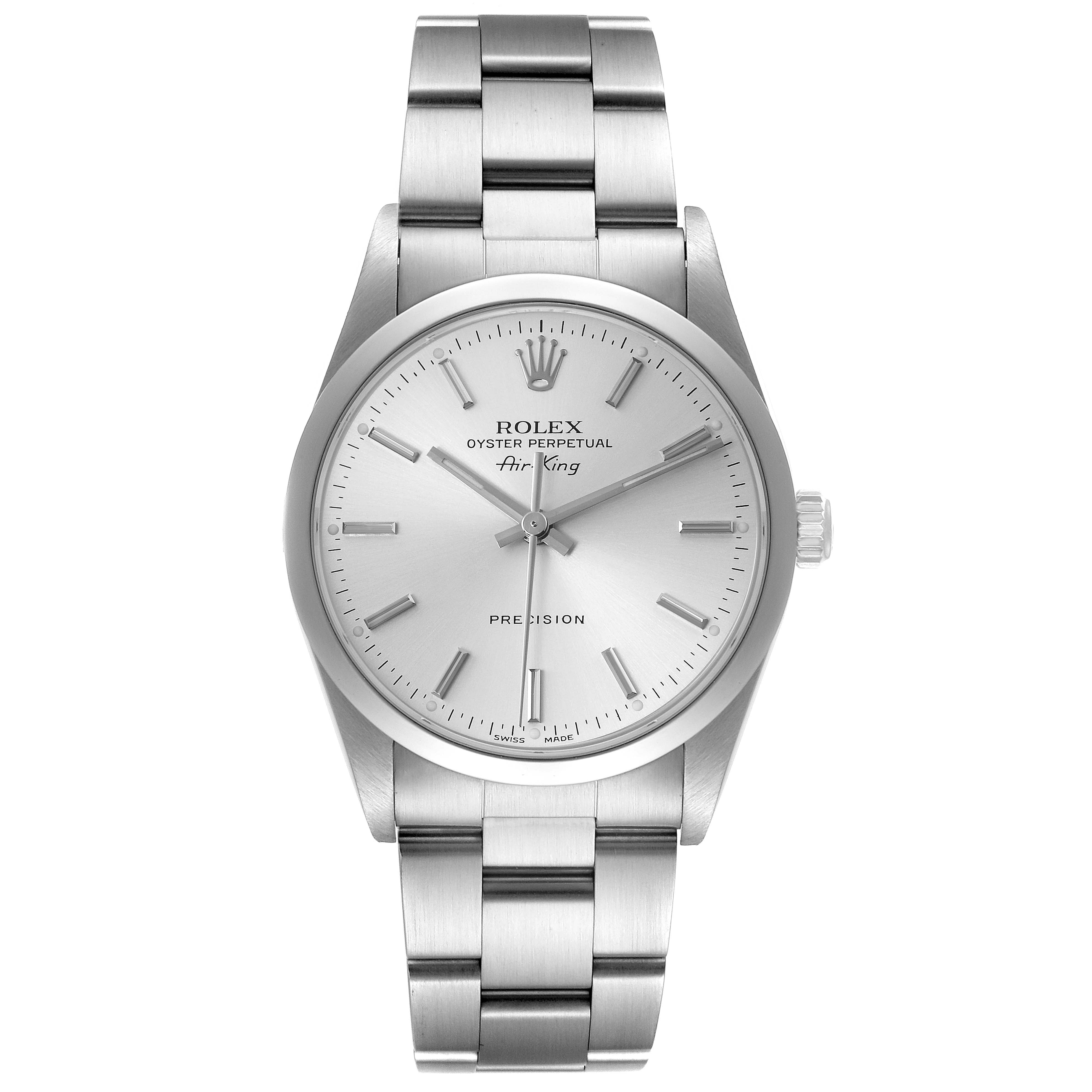 The Rolex Air-King 14000 Men's Stainless Steel Silver Dial 14000 Men's Stainless Steel Silver Dial watch is shown from the front, displaying its face, hands, markers, and bracelet.