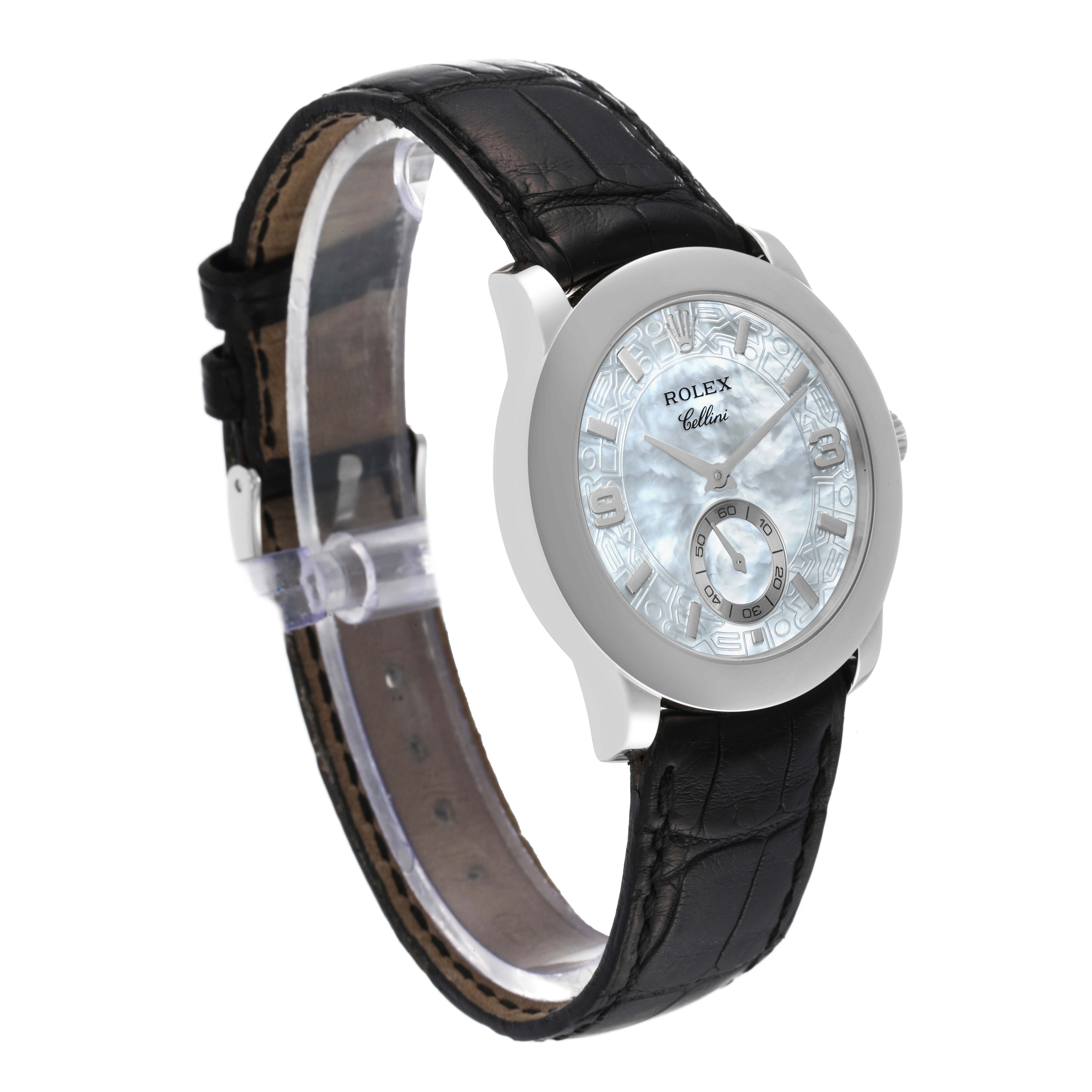 The image shows a side angle of a Rolex Cellini 5240 Men's Platinum Mother of Pearl Dial 5240 Men's Platinum Mother of Pearl Dial watch featuring its face, leather strap, and clasp.
