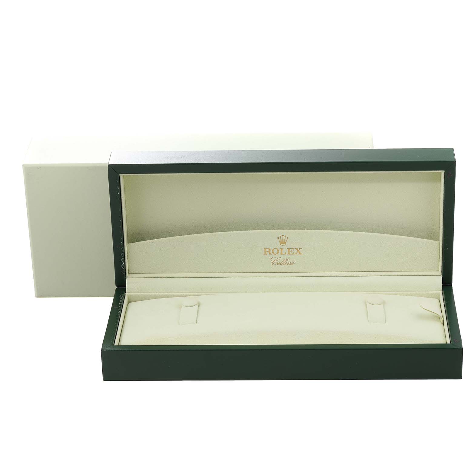 The image shows an open Rolex Cellini 5240 Men's Platinum Mother of Pearl Dial 5240 Men's Platinum Mother of Pearl Dial watch box, displayed from a front angle, highlighting its interior lining and logo.