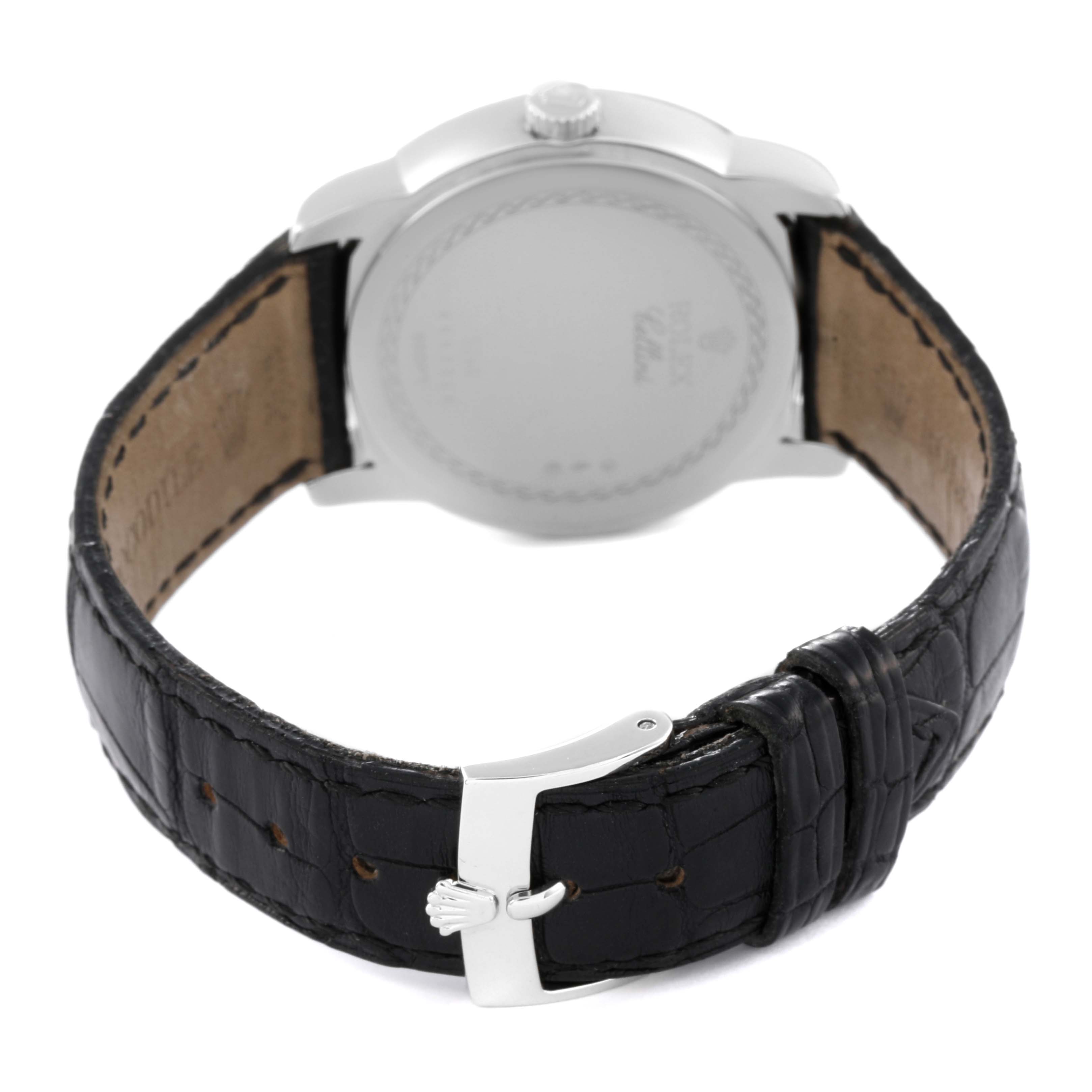The image shows the back view of a Rolex Cellini 5240 Men's Platinum Mother of Pearl Dial 5240 Men's Platinum Mother of Pearl Dial watch, focusing on the case back, leather strap, and clasp.