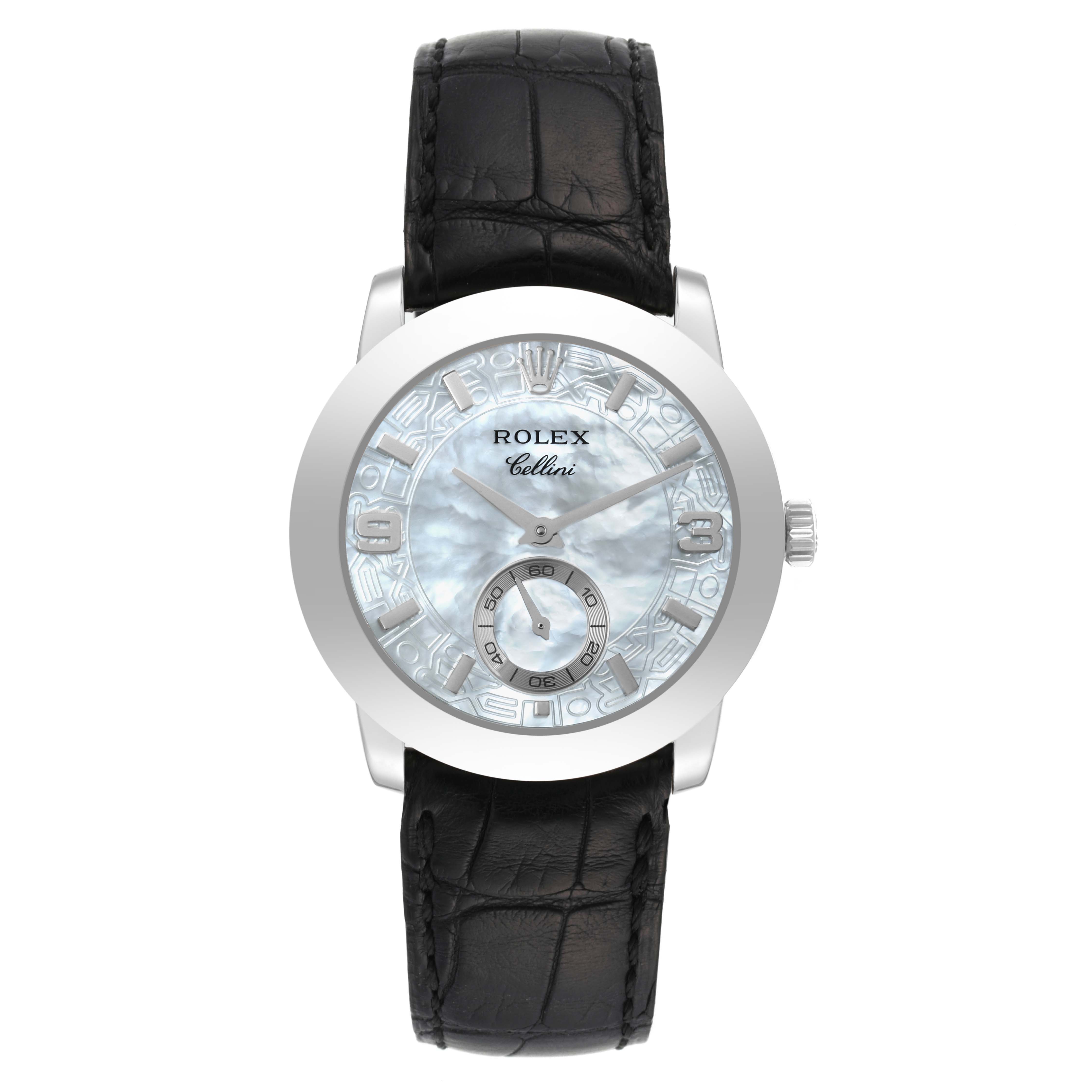 The image shows a Rolex Cellini 5240 Men's Platinum Mother of Pearl Dial 5240 Men's Platinum Mother of Pearl Dial watch from a front angle, highlighting the face, crown, and black leather strap.