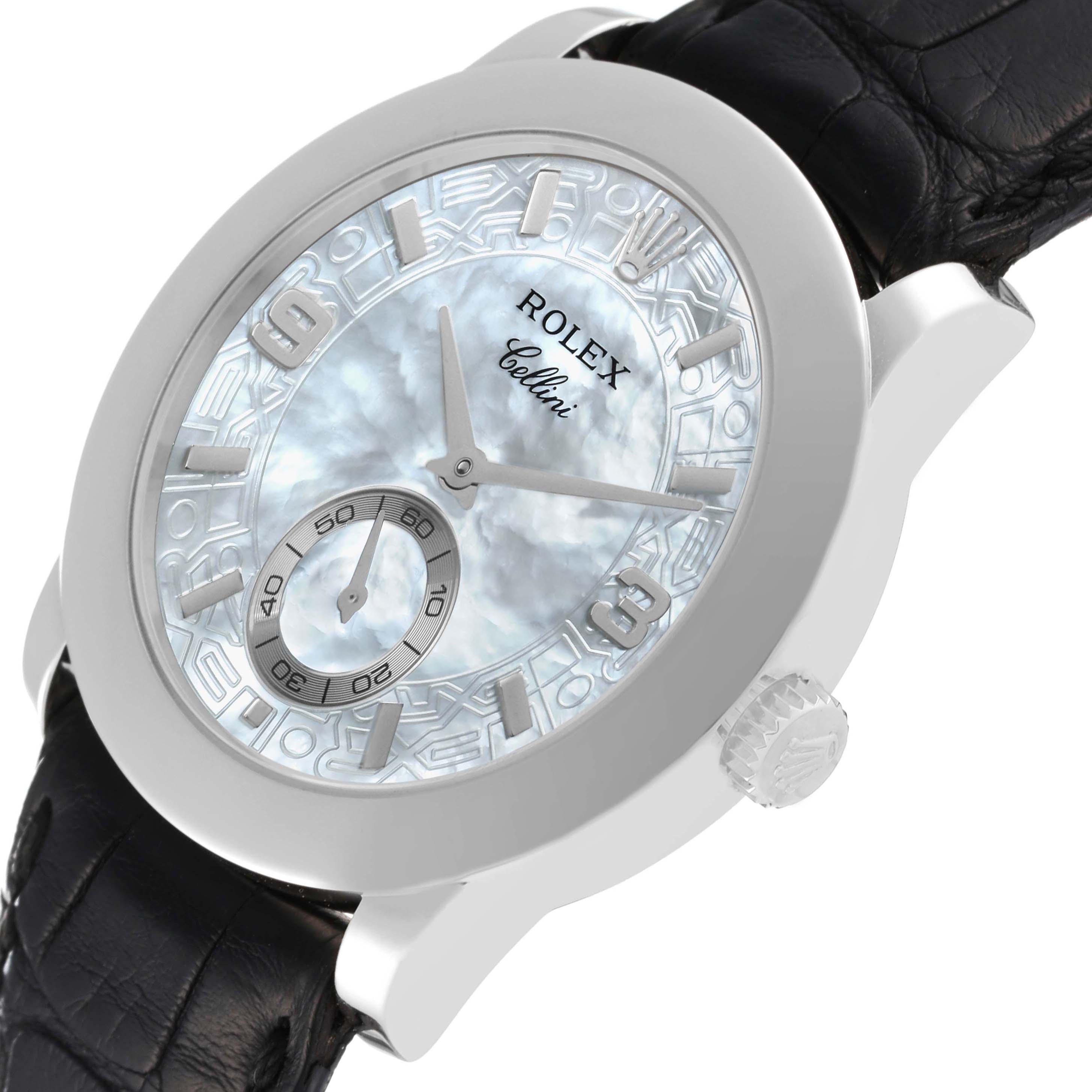 The image shows a Rolex Cellini 5240 Men's Platinum Mother of Pearl Dial 5240 Men's Platinum Mother of Pearl Dial watch at an angled view, highlighting the dial, crown, and black leather strap.