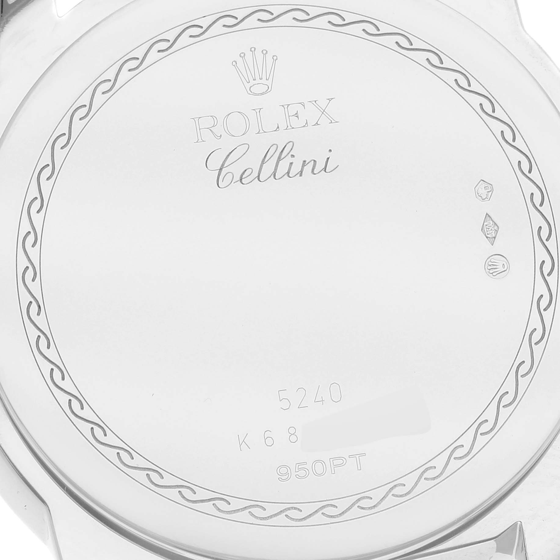 The image shows the back case of a Rolex Cellini 5240 Men's Platinum Mother of Pearl Dial 5240 Men's Platinum Mother of Pearl Dial model watch with engraved details.