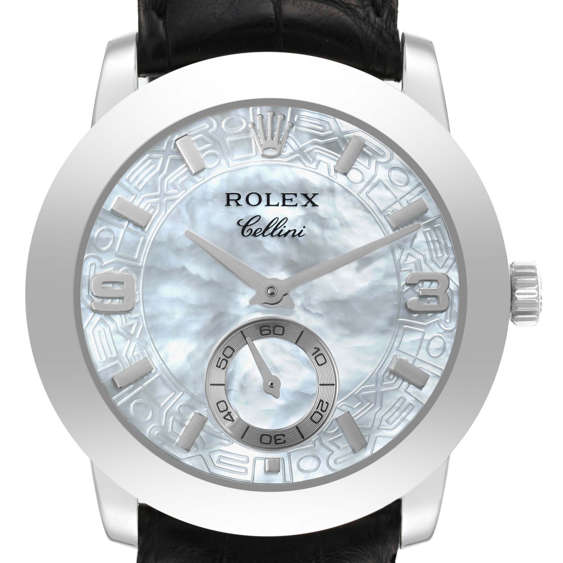 The image shows a front view of a Rolex Cellini 5240 Men's Platinum Mother of Pearl Dial 5240 Men's Platinum Mother of Pearl Dial watch, highlighting its dial, hands, crown, and part of the strap.