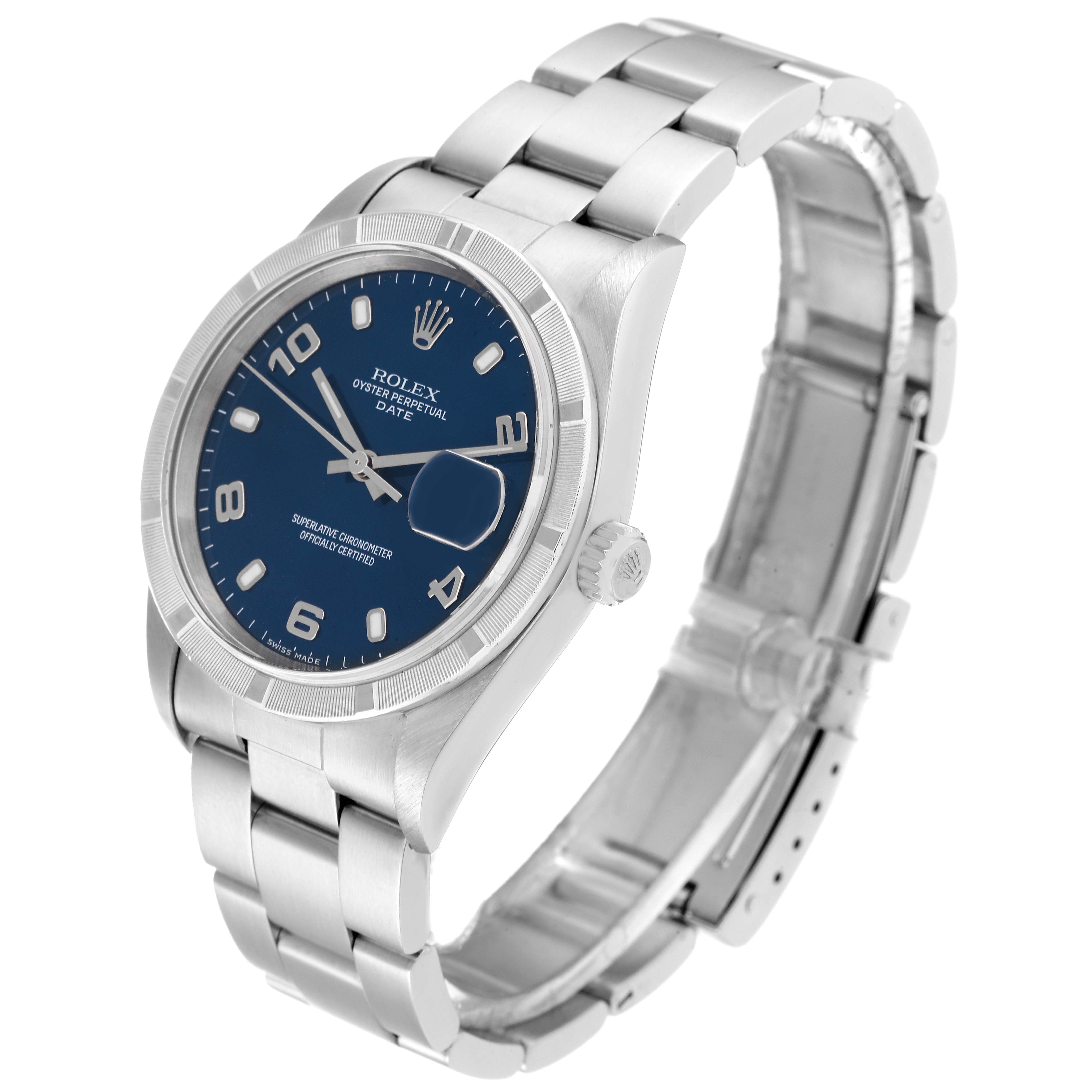 This image shows a Rolex Date 15210 Men's Stainless Steel Blue Dial 15210 Men's Stainless Steel Blue Dial watch at a slight angle, highlighting its blue dial, bezel, bracelet, and crown.