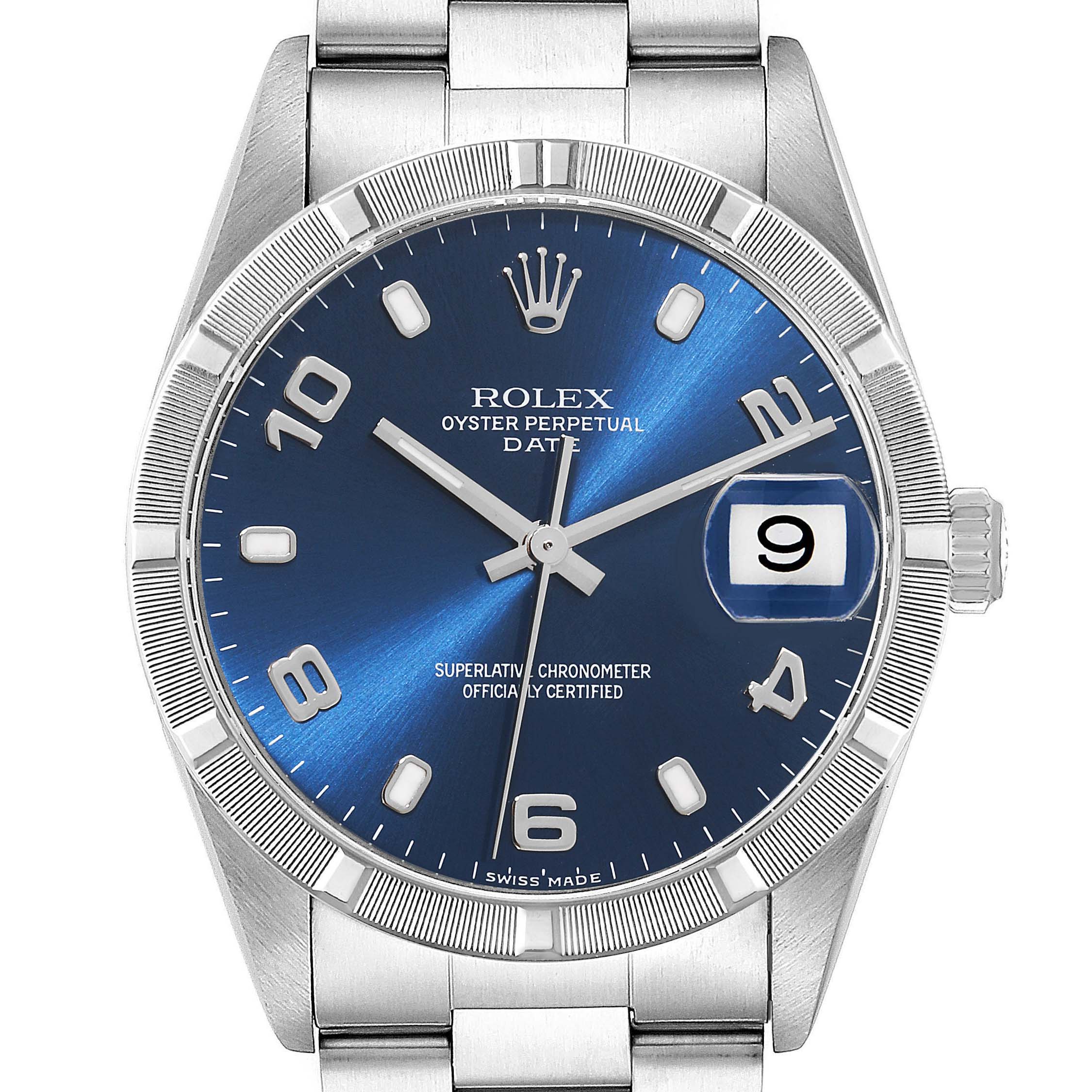 This image shows a front view of a Rolex Date 15210 Men's Stainless Steel Blue Dial 15210 Men's Stainless Steel Blue Dial watch, highlighting its blue dial, date window, and silver bracelet.