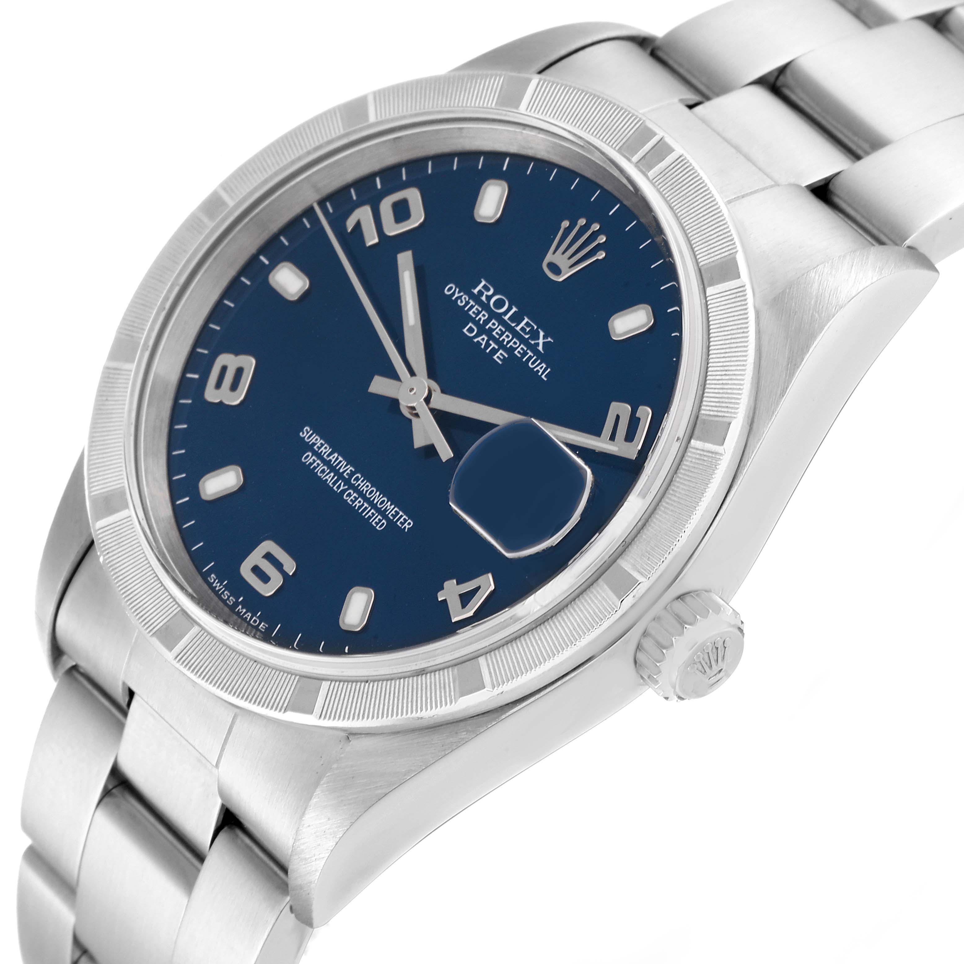 This image shows a Rolex Date 15210 Men's Stainless Steel Blue Dial 15210 Men's Stainless Steel Blue Dial model watch at a slight angle, highlighting its face, crown, and part of the bracelet.