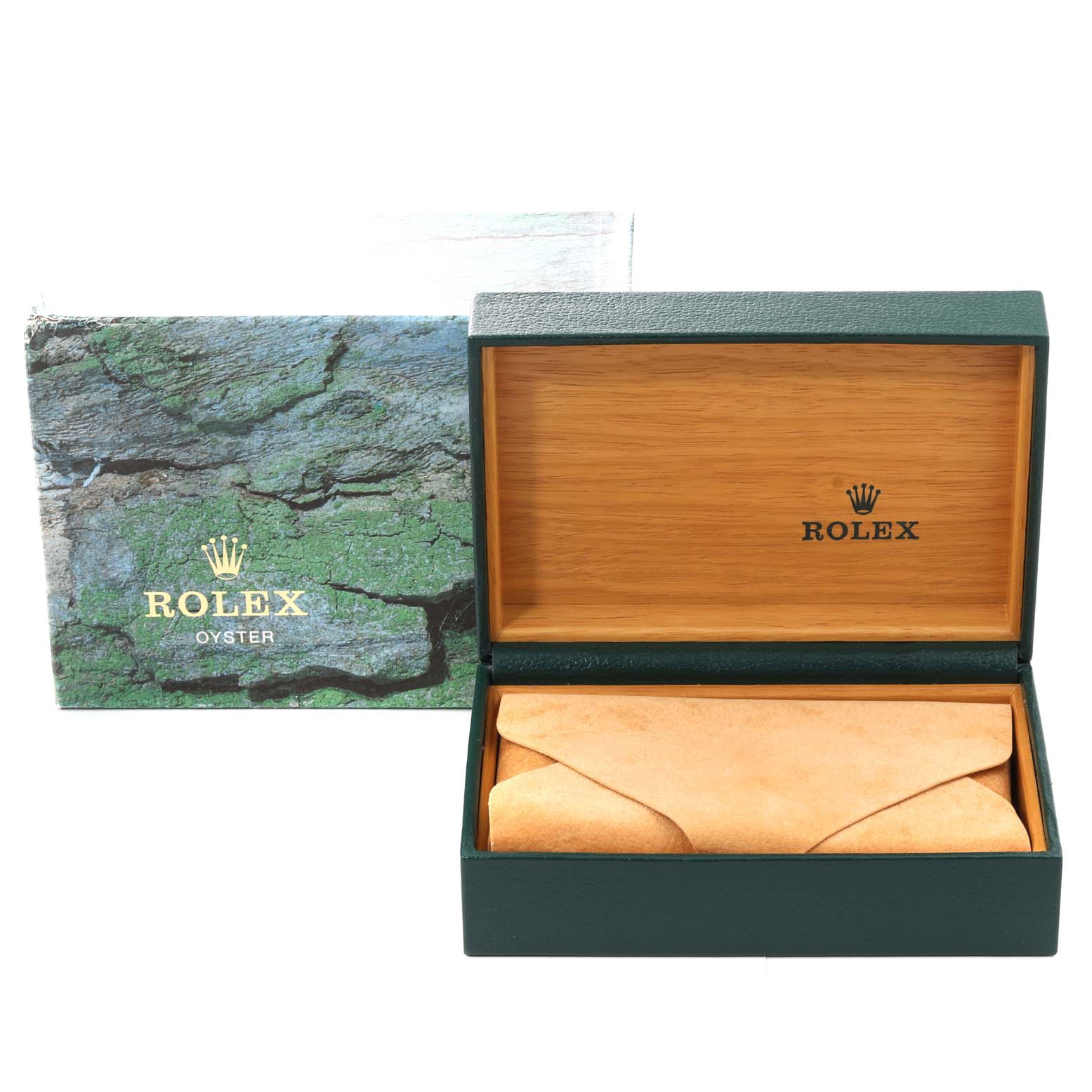 The image shows the packaging box and case for a Rolex Date 15210 Men's Stainless Steel Blue Dial 15210 Men's Stainless Steel Blue Dial model, with the lid open, revealing the interior lining.