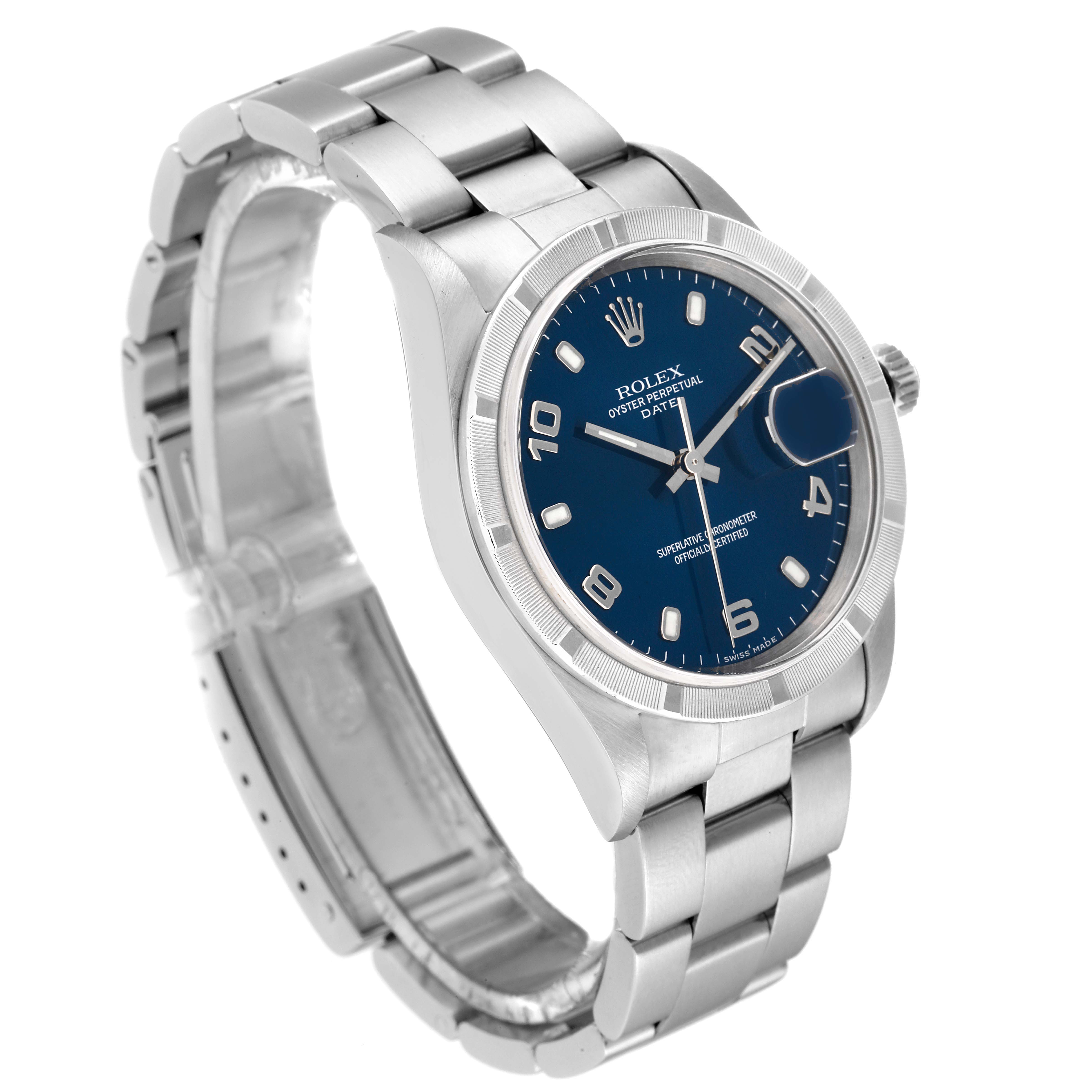 This image shows a Rolex Date 15210 Men's Stainless Steel Blue Dial 15210 Men's Stainless Steel Blue Dial model watch at a three-quarter angle, highlighting the blue dial, bezel, case, and bracelet.