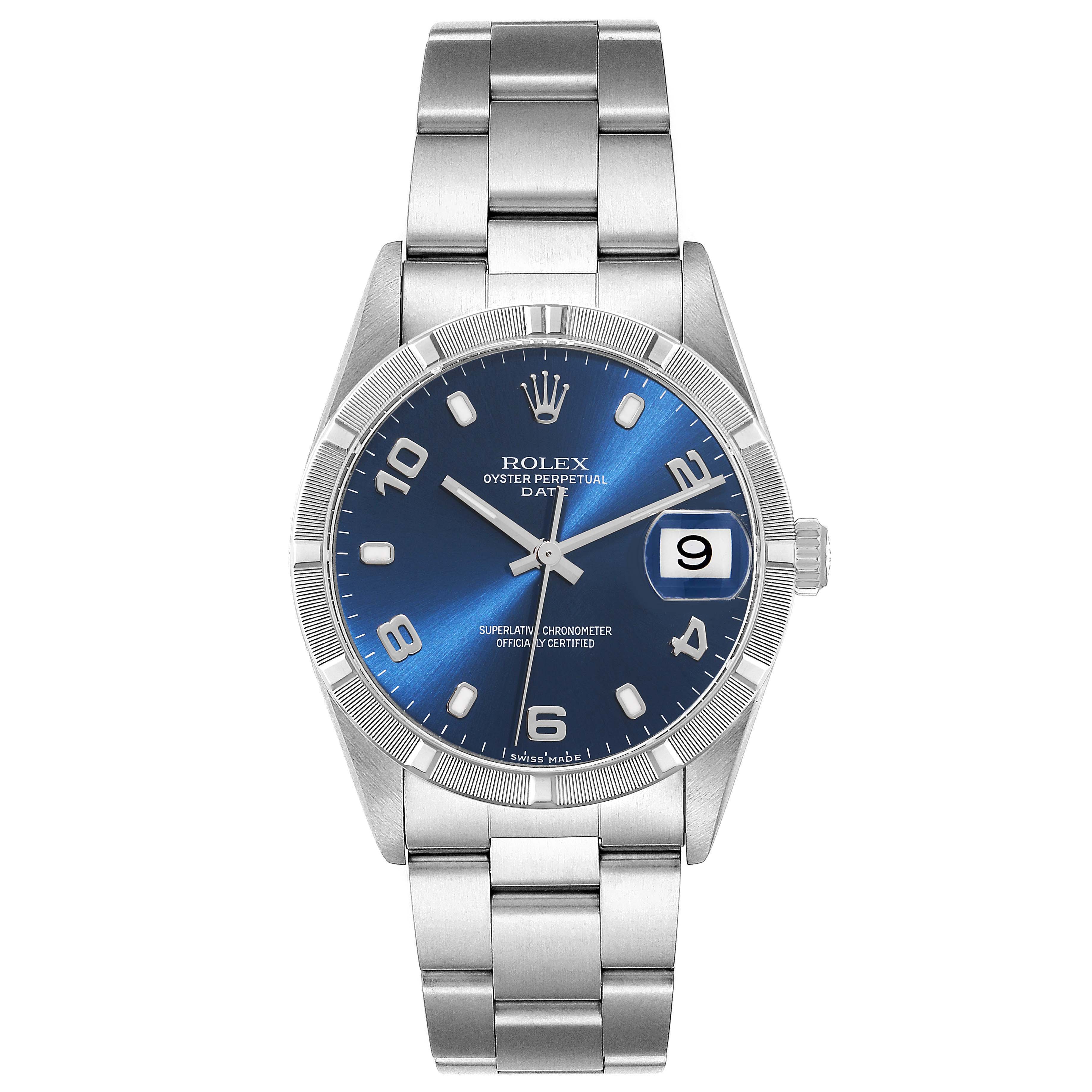 This image shows a frontal view of the Rolex Date 15210 Men's Stainless Steel Blue Dial 15210 Men's Stainless Steel Blue Dial model watch, highlighting its blue dial, silver bracelet, and date display.
