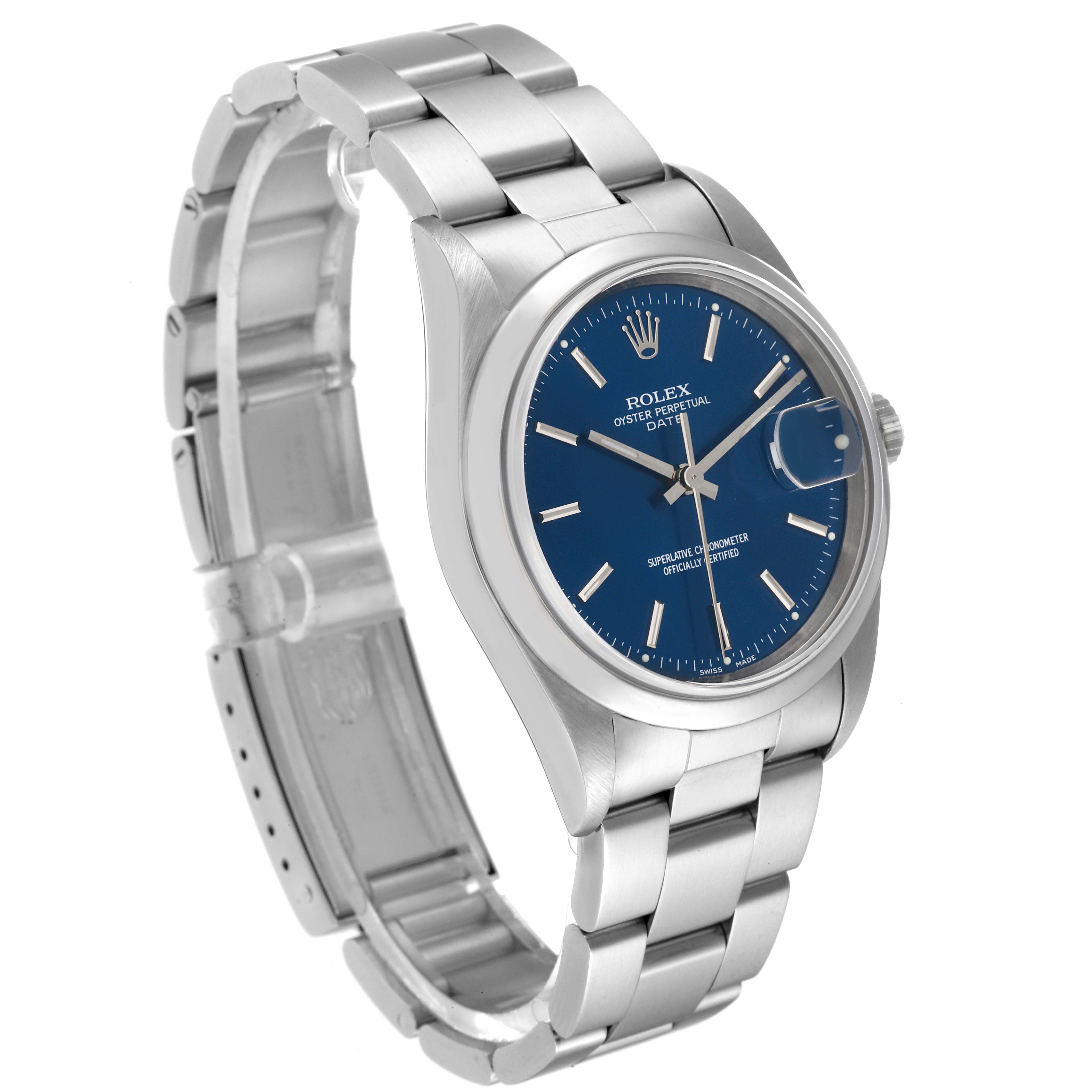 This image shows a Rolex Date 15200 Men's Stainless Steel Blue Dial 15200 Men's Stainless Steel Blue Dial watch at a three-quarter angle, highlighting its blue dial, metal bracelet, and side crown.