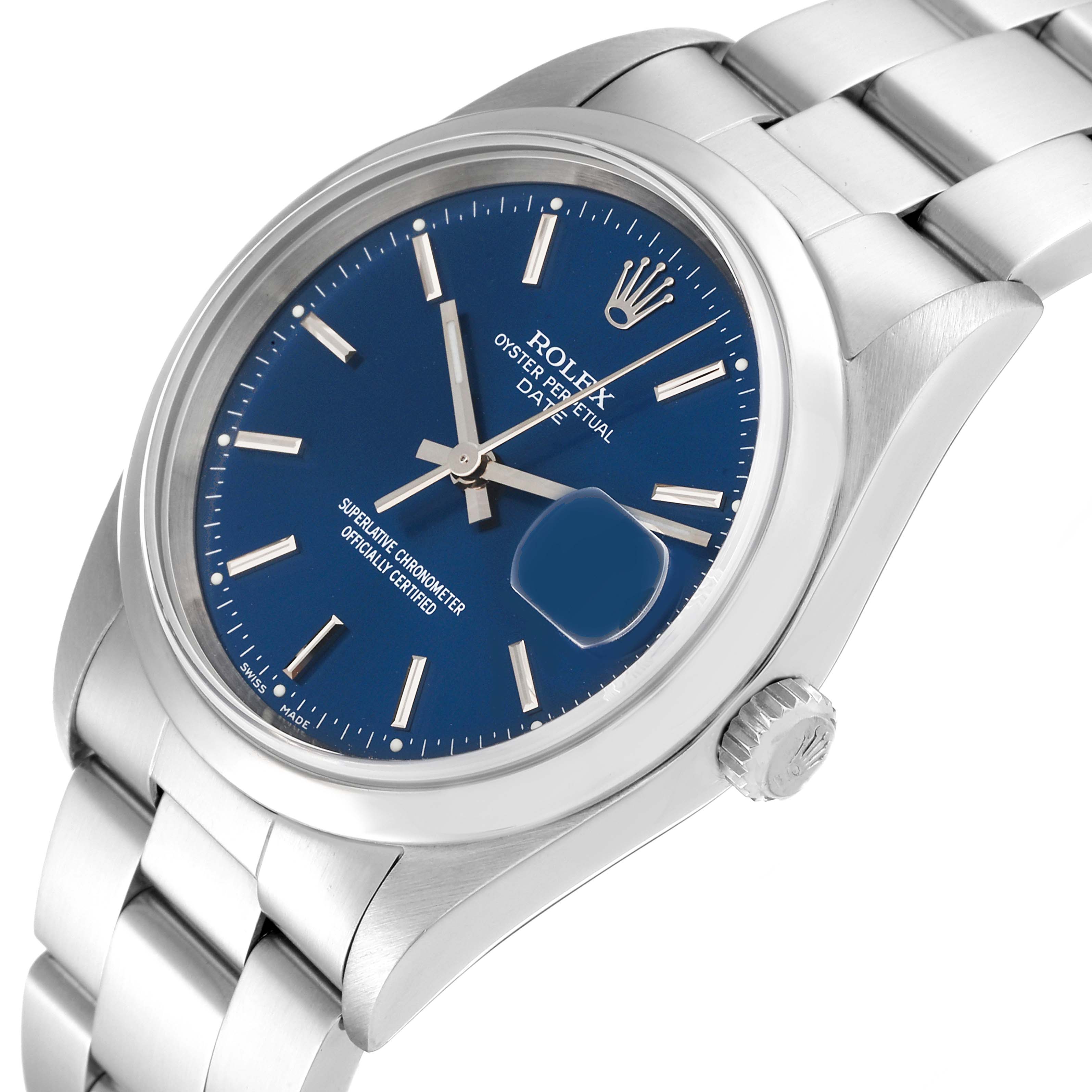 The image shows a Rolex Date 15200 Men's Stainless Steel Blue Dial 15200 Men's Stainless Steel Blue Dial watch from a slightly angled side view, highlighting the blue dial, crown, and part of the bracelet.