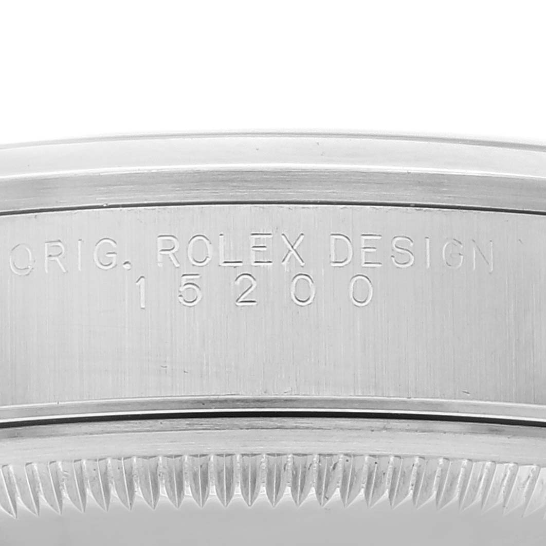 This image shows a close-up of the case side with the engraved model number of a Rolex Date 15200 Men's Stainless Steel Blue Dial 15200 Men's Stainless Steel Blue Dial watch.