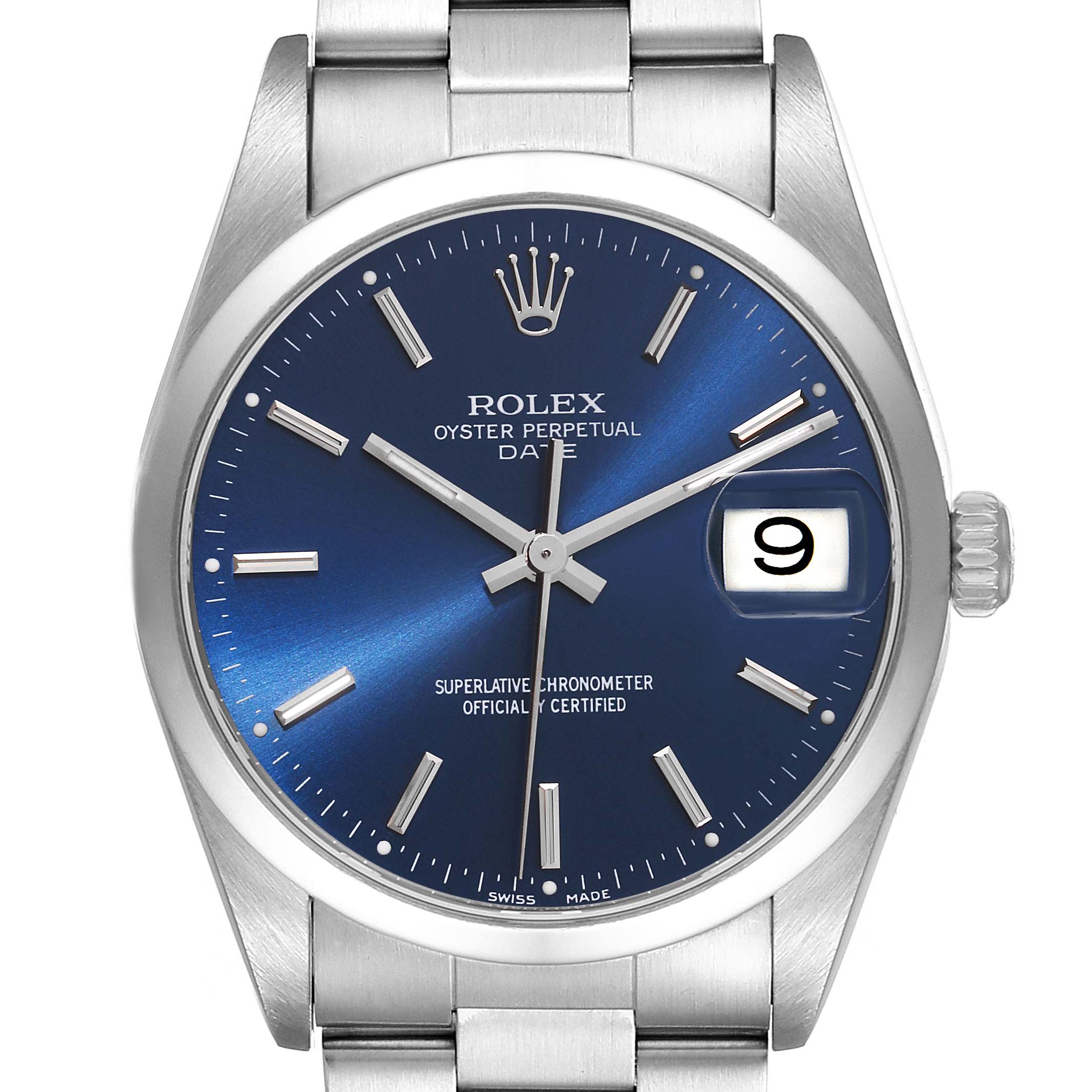 The image shows a frontal view of the Rolex Date 15200 Men's Stainless Steel Blue Dial 15200 Men's Stainless Steel Blue Dial model watch, highlighting its blue dial, date window, and bracelet.